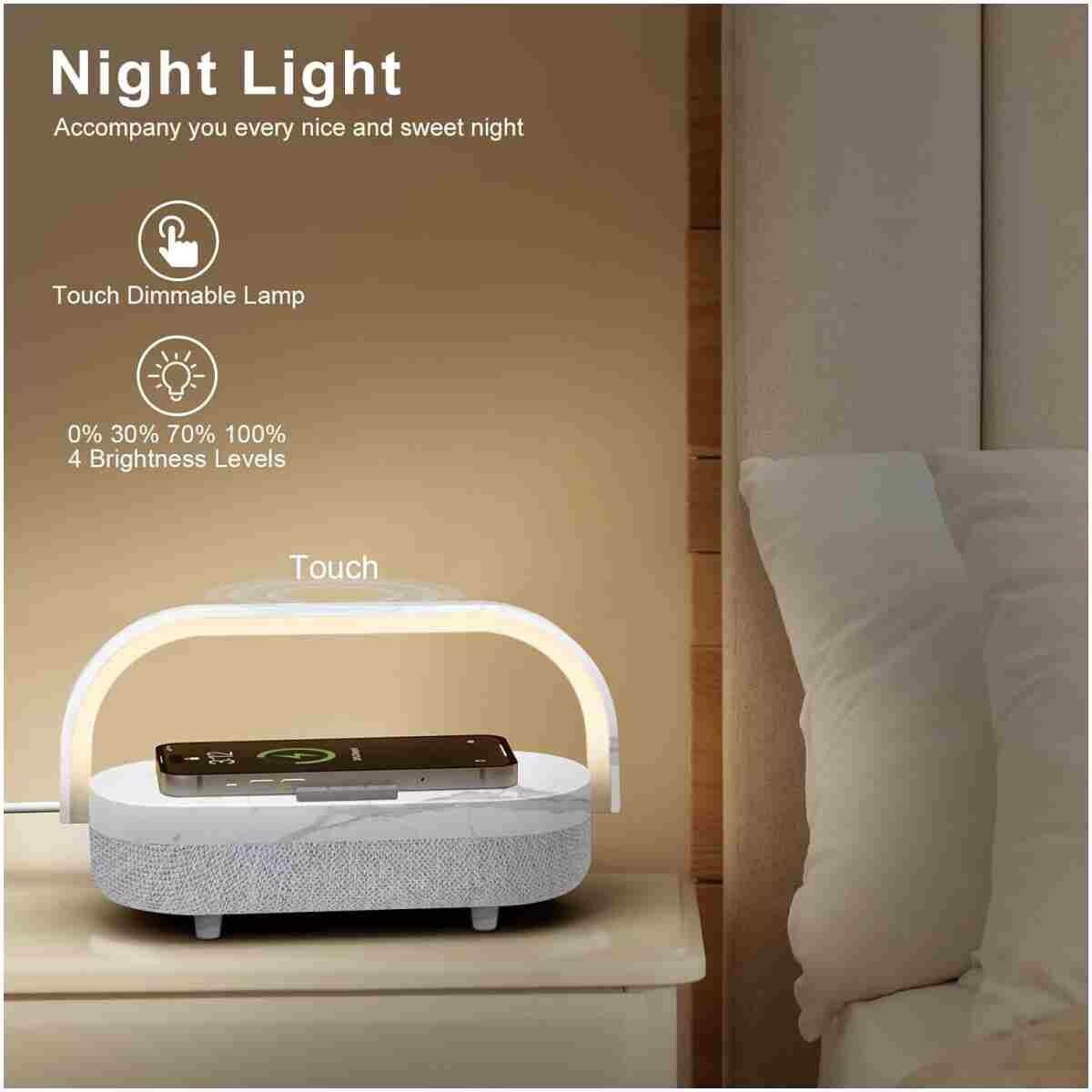 LED Bedside Lamp, Touch Lamps for Bedroom Nightstand, 4 in 1 Bedside Table Lamp with Wireless Charger, Portable Bluetooth Speaker, Phone Holder, Dimmable Charging Birthday Gifts...