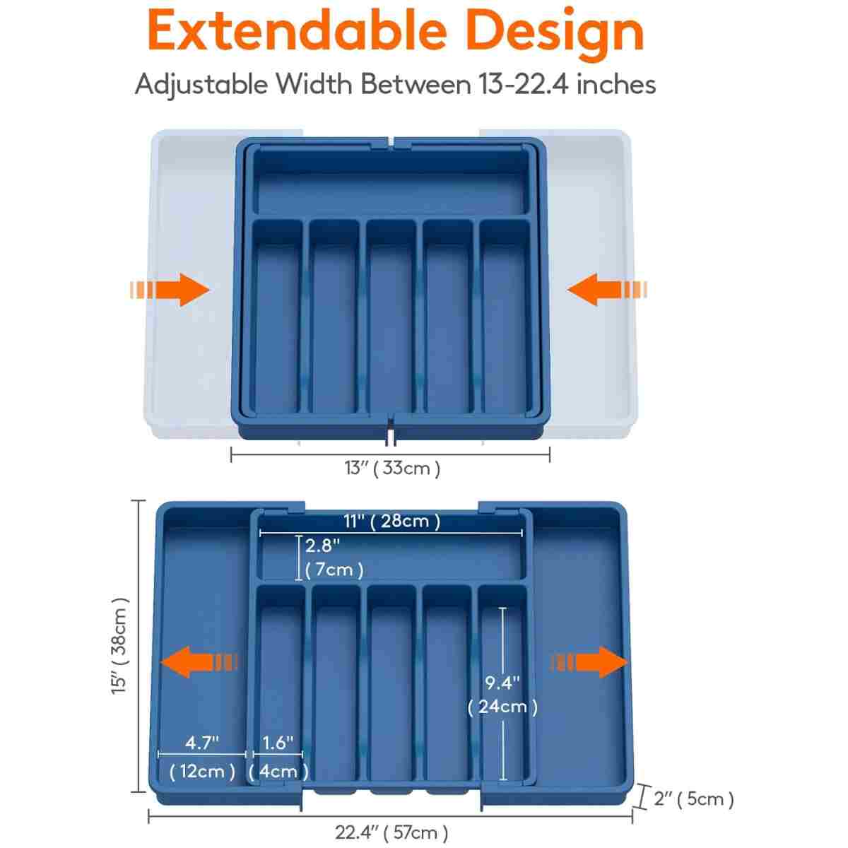 Lifewit Silverware Drawer Organizer, Expandable Utensil Tray for Kitchen, BPA Free Flatware and Cutlery Holder, Adjustable Plastic Storage for Spoons Forks Knives, Large, Dark Blue