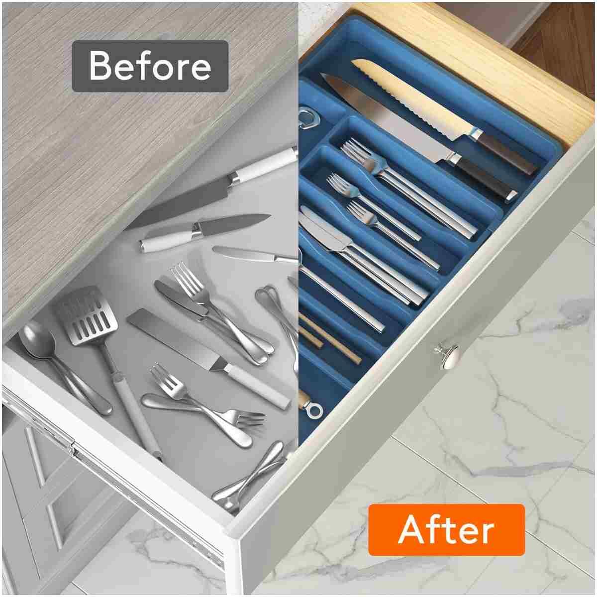 Lifewit Silverware Drawer Organizer, Expandable Utensil Tray for Kitchen, BPA Free Flatware and Cutlery Holder, Adjustable Plastic Storage for Spoons Forks Knives, Large, Dark Blue