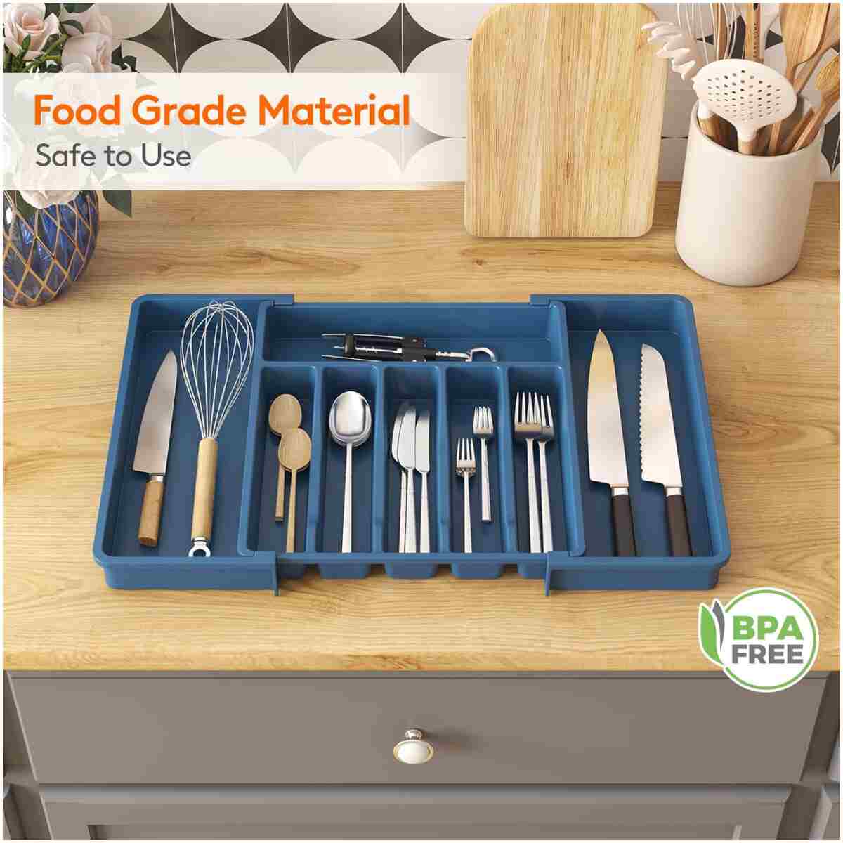 Lifewit Silverware Drawer Organizer, Expandable Utensil Tray for Kitchen, BPA Free Flatware and Cutlery Holder, Adjustable Plastic Storage for Spoons Forks Knives, Large, Dark Blue