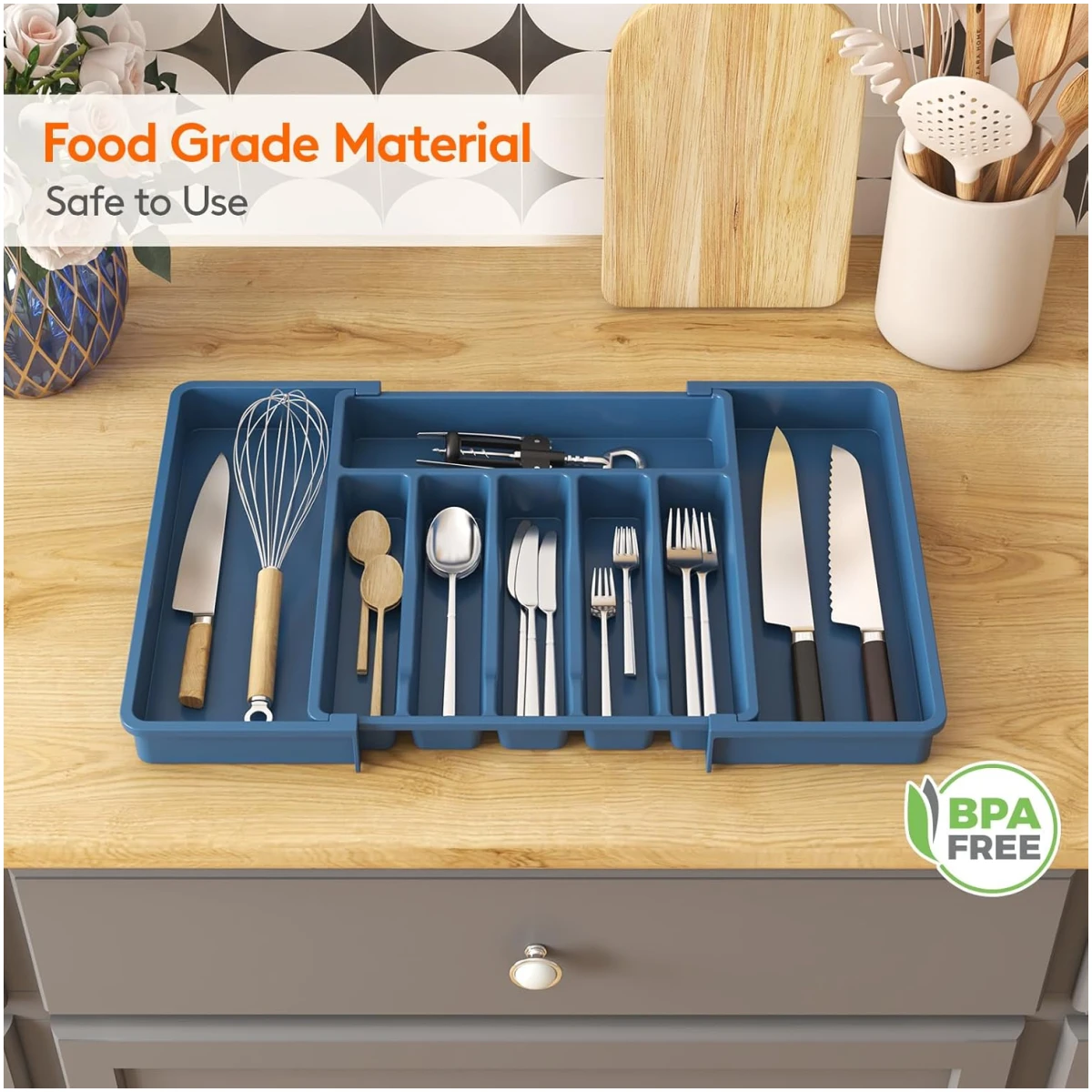 Lifewit Silverware Drawer Organizer, Expandable Utensil Tray for Kitchen, BPA Free Flatware and Cutlery Holder, Adjustable Plastic Storage for Spoons Forks Knives, Large, Dark Blue