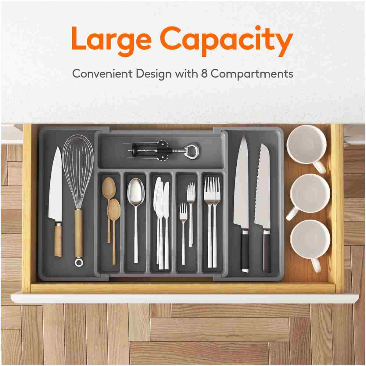 Lifewit Silverware Drawer Organizer, Expandable Utensil Tray for Kitchen, BPA Free Flatware and Cutlery Holder, Adjustable Plastic Storage for Spoons Forks Knives, Large, Dark Gray