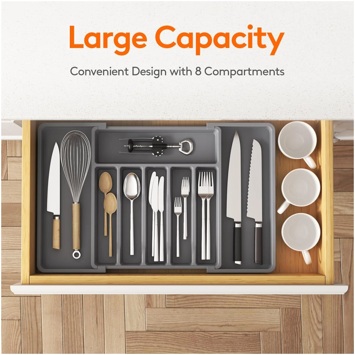 Lifewit Silverware Drawer Organizer, Expandable Utensil Tray for Kitchen, BPA Free Flatware and Cutlery Holder, Adjustable Plastic Storage for Spoons Forks Knives, Large, Dark Gray
