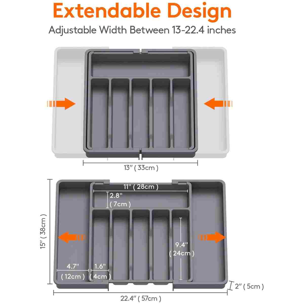 Lifewit Silverware Drawer Organizer, Expandable Utensil Tray for Kitchen, BPA Free Flatware and Cutlery Holder, Adjustable Plastic Storage for Spoons Forks Knives, Large, Dark Gray