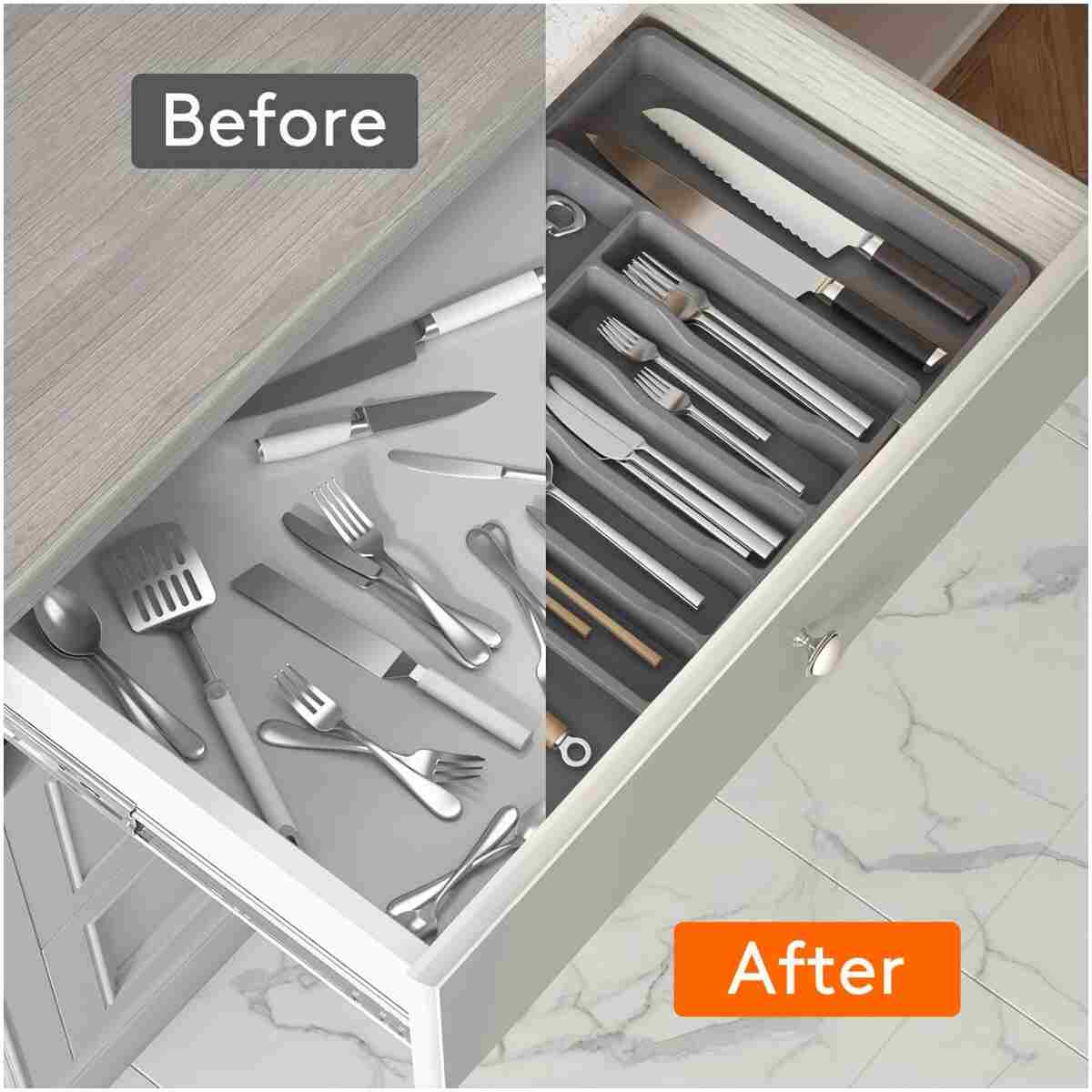 Lifewit Silverware Drawer Organizer, Expandable Utensil Tray for Kitchen, BPA Free Flatware and Cutlery Holder, Adjustable Plastic Storage for Spoons Forks Knives, Large, Dark Gray