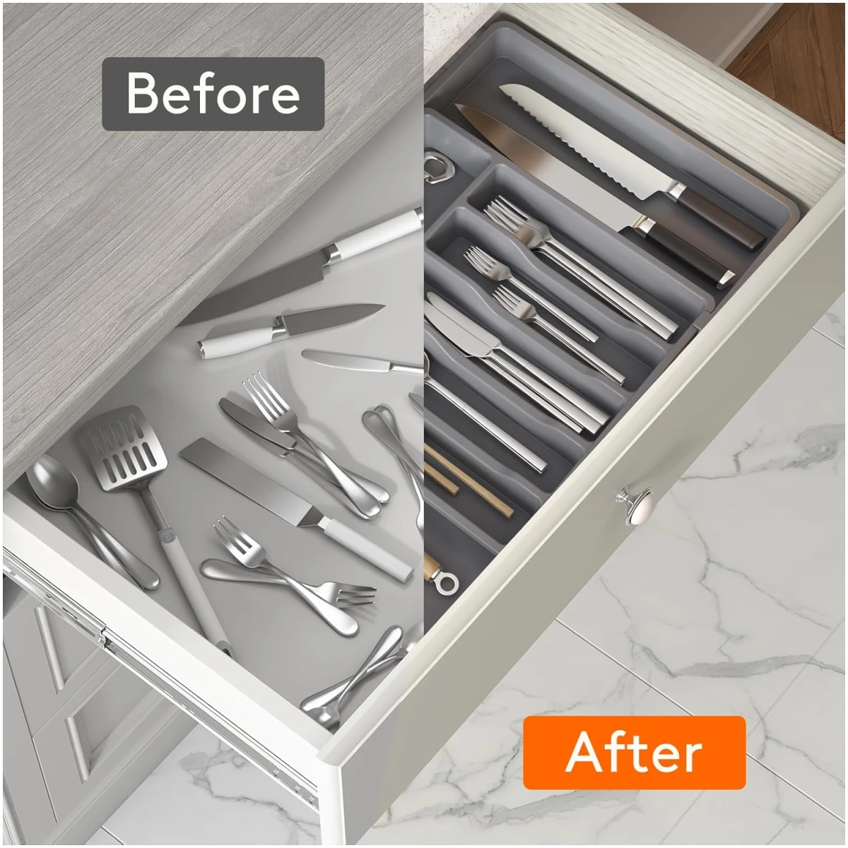 Lifewit Silverware Drawer Organizer, Expandable Utensil Tray for Kitchen, BPA Free Flatware and Cutlery Holder, Adjustable Plastic Storage for Spoons Forks Knives, Large, Dark Gray