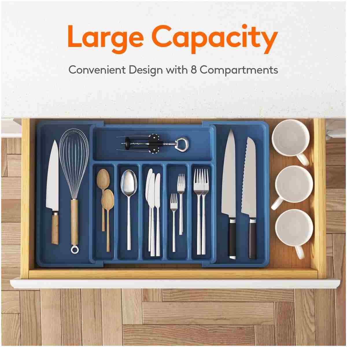 Lifewit Silverware Drawer Organizer, Expandable Utensil Tray for Kitchen, BPA Free Flatware and Cutlery Holder, Adjustable Plastic Storage for Spoons Forks Knives, Large, Dark Blue