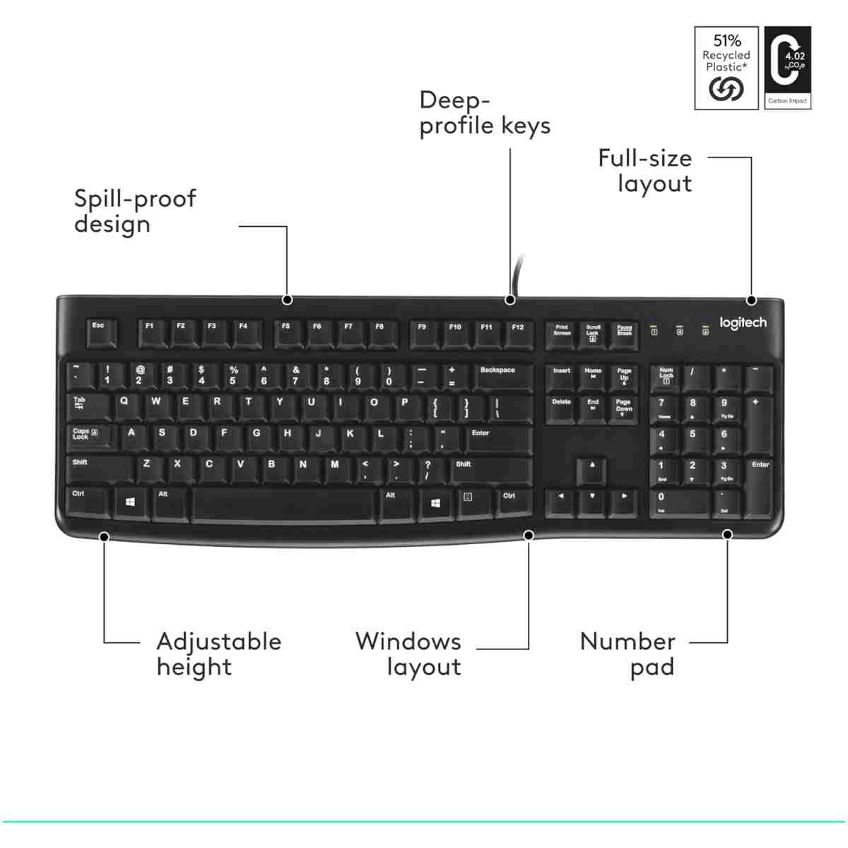 Logitech K120 Wired Keyboard for Windows, Plug and Play, Full-Size, Spill-Resistant, Curved Space Bar, Compatible with PC, Laptop - Black