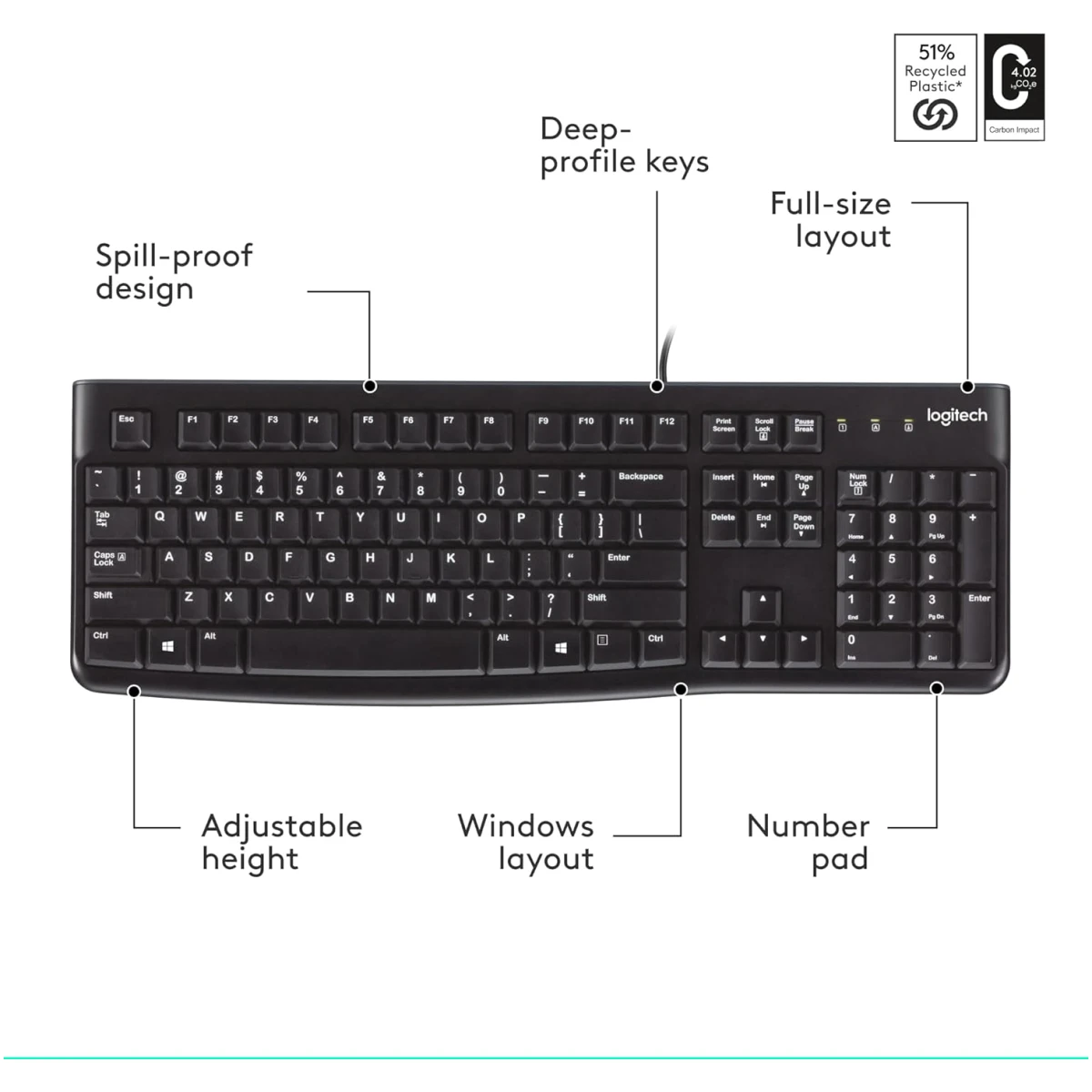 Logitech K120 Wired Keyboard for Windows, Plug and Play, Full-Size, Spill-Resistant, Curved Space Bar, Compatible with PC, Laptop - Black
