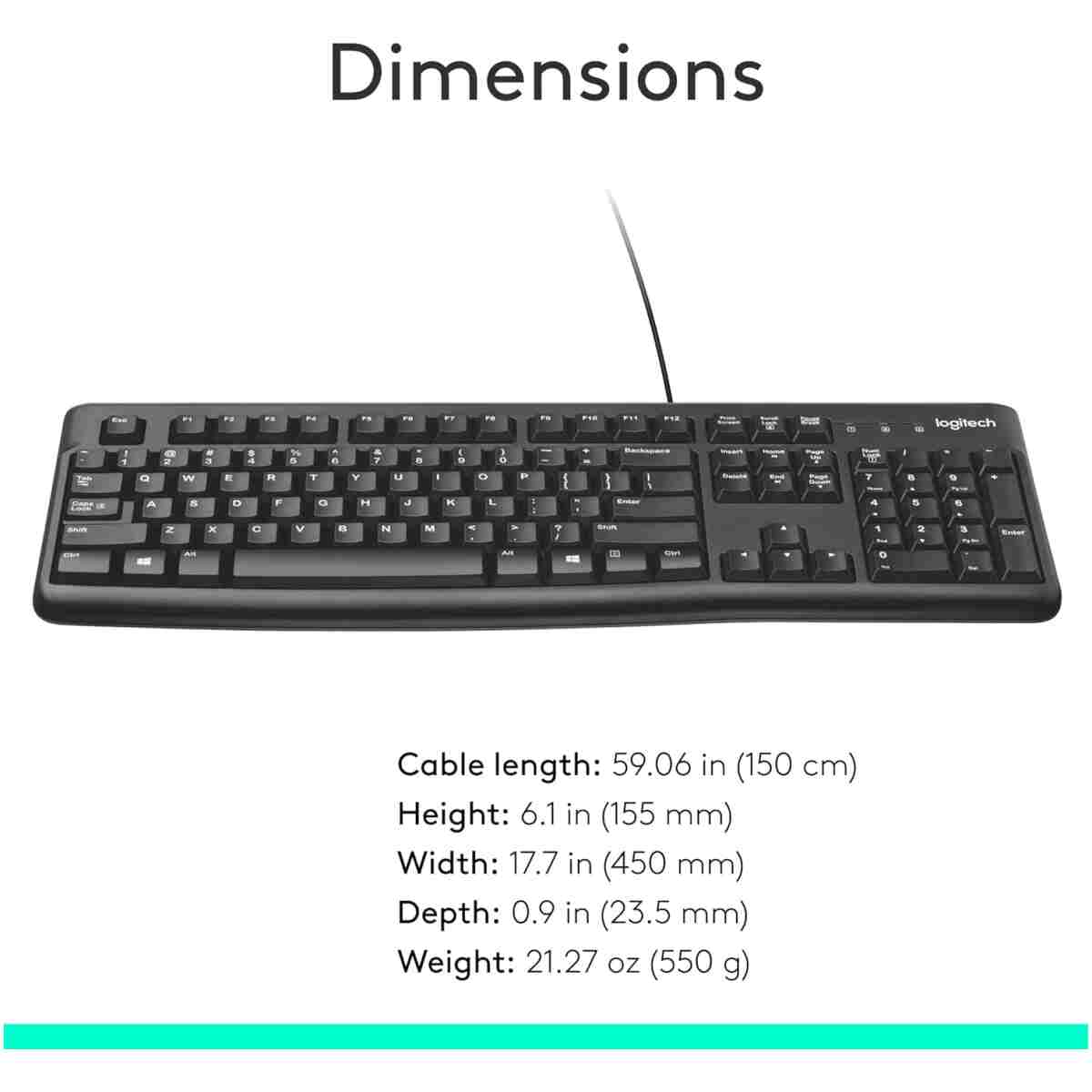 Logitech K120 Wired Keyboard for Windows, Plug and Play, Full-Size, Spill-Resistant, Curved Space Bar, Compatible with PC, Laptop - Black