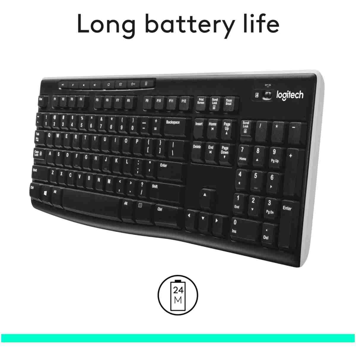 Logitech K270 Wireless Keyboard for Windows, 2.4 GHz Wireless, Full-Size, Number Pad, 8 Multimedia Keys, 2-Year Battery Life, Compatible with PC, Laptop, Black