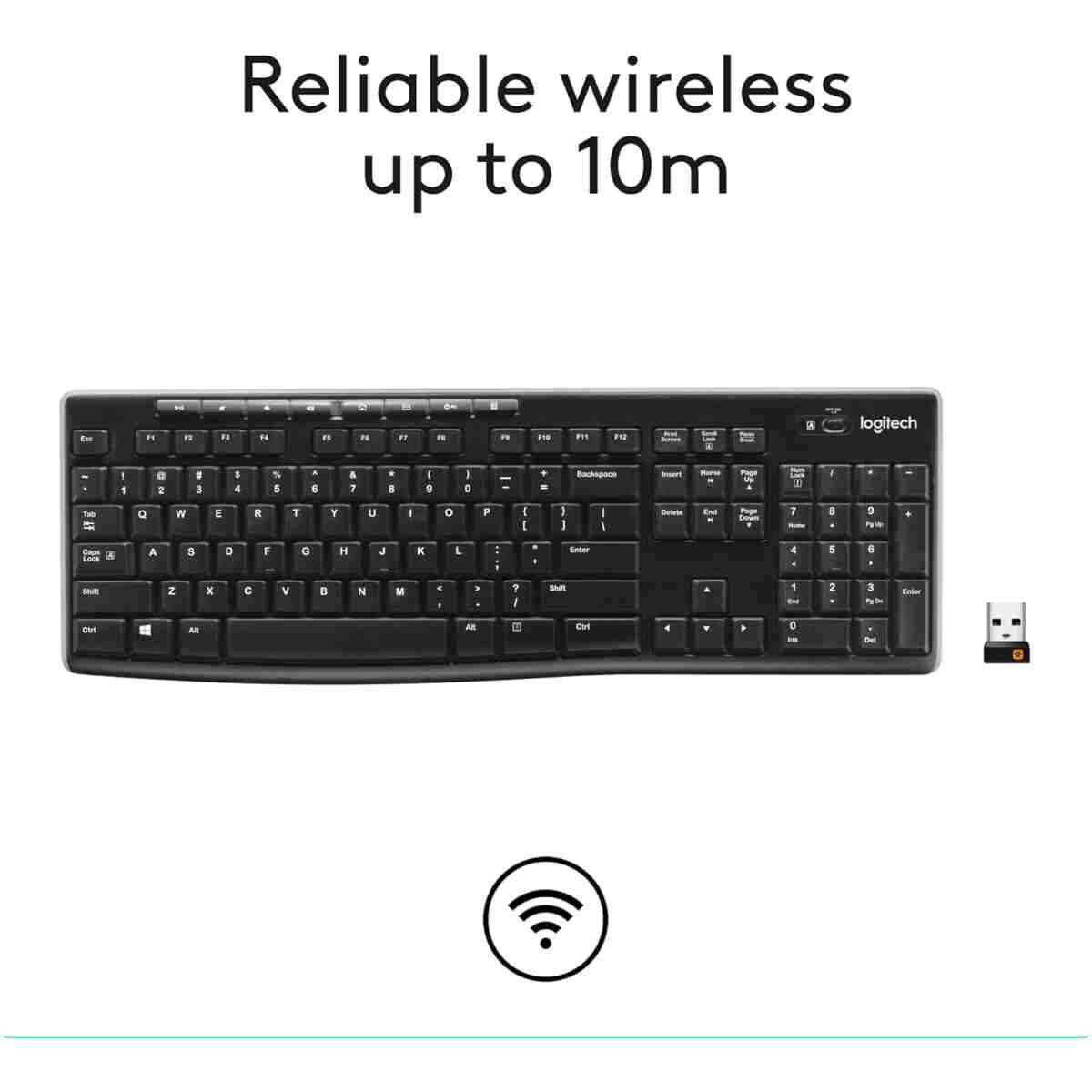 Logitech K270 Wireless Keyboard for Windows, 2.4 GHz Wireless, Full-Size, Number Pad, 8 Multimedia Keys, 2-Year Battery Life, Compatible with PC, Laptop, Black