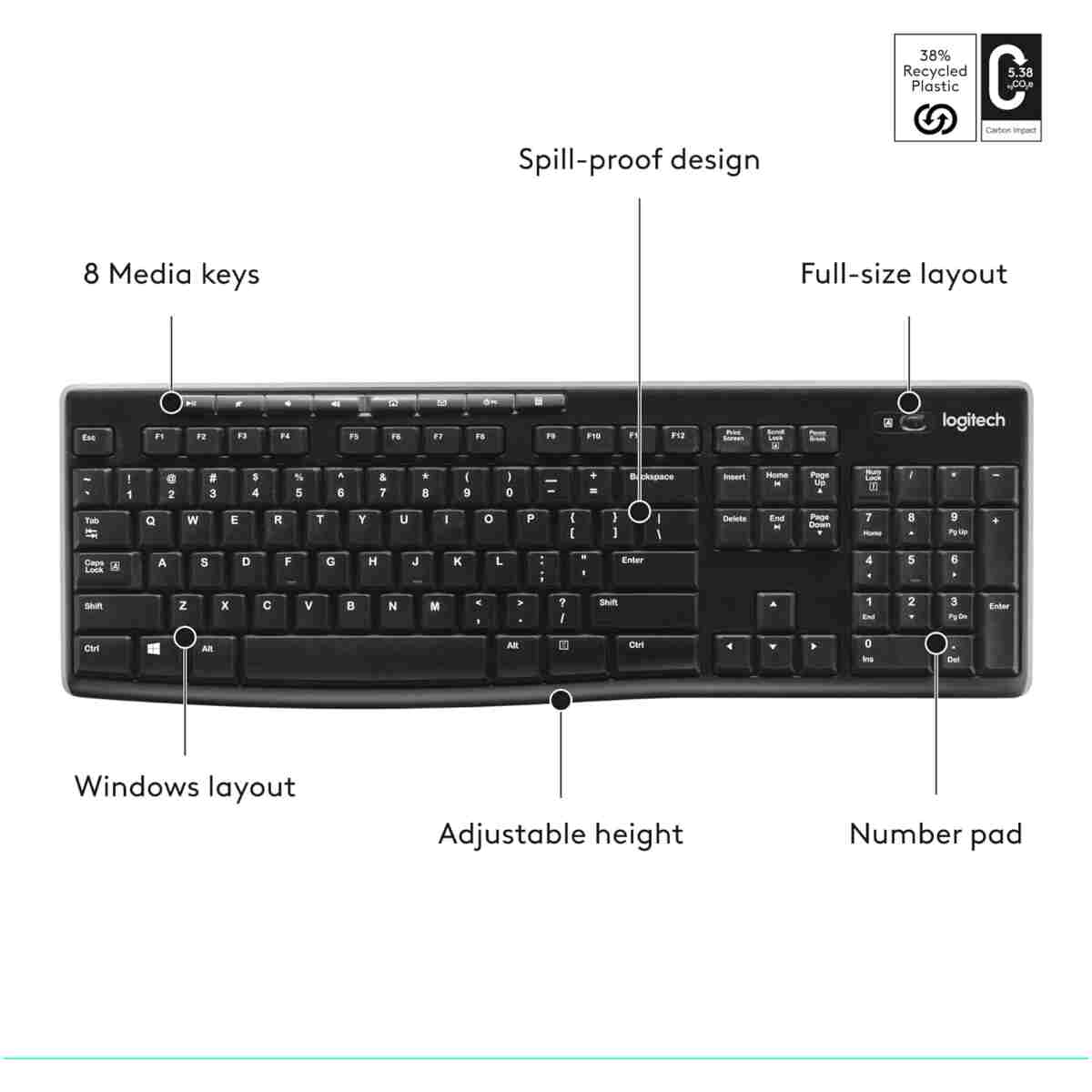 Logitech K270 Wireless Keyboard for Windows, 2.4 GHz Wireless, Full-Size, Number Pad, 8 Multimedia Keys, 2-Year Battery Life, Compatible with PC, Laptop, Black