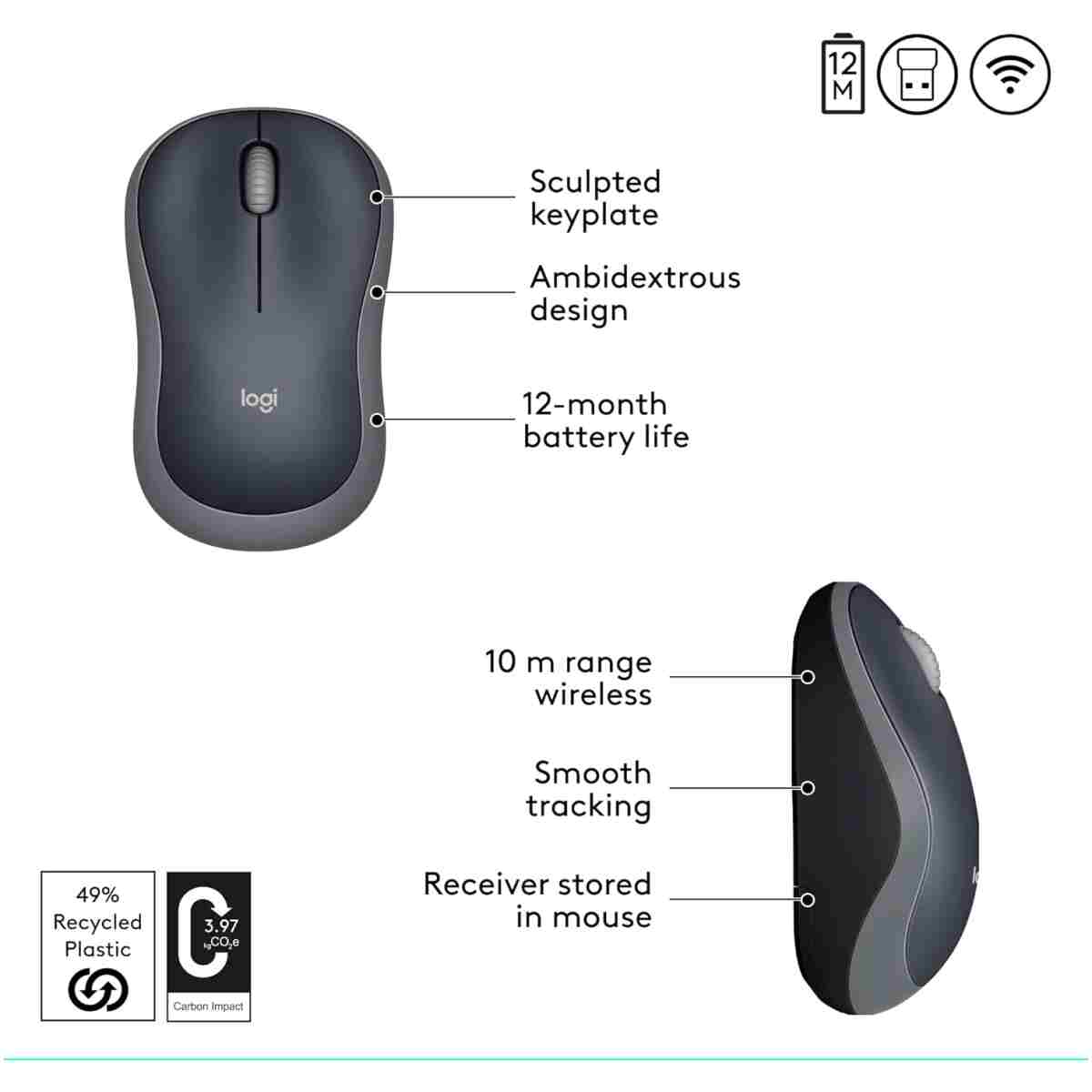Logitech M185 Wireless Mouse, 2.4GHz with USB Mini Receiver, 12-Month Battery Life, 1000 DPI Optical Tracking, Ambidextrous PC/Mac/Laptop - Swift Grey