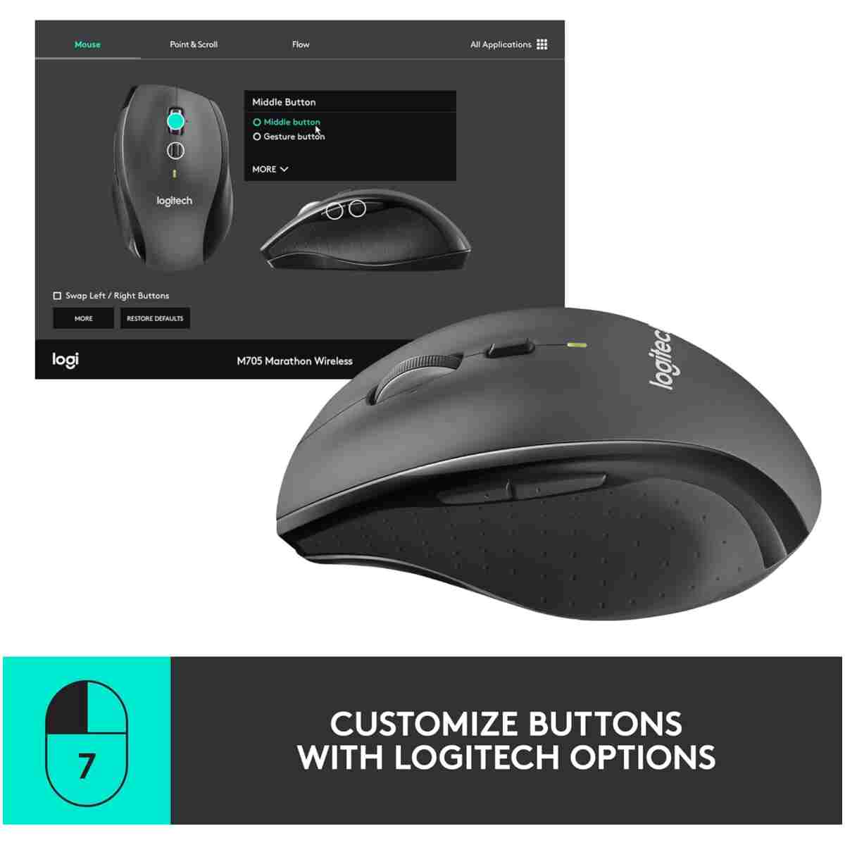 Logitech M705 Marathon Wireless Mouse, 2.4 GHz USB Unifying Receiver, 1000 DPI, 5-Programmable Buttons, 3-Year Battery, Compatible with PC, Mac, Laptop, Chromebook - Black