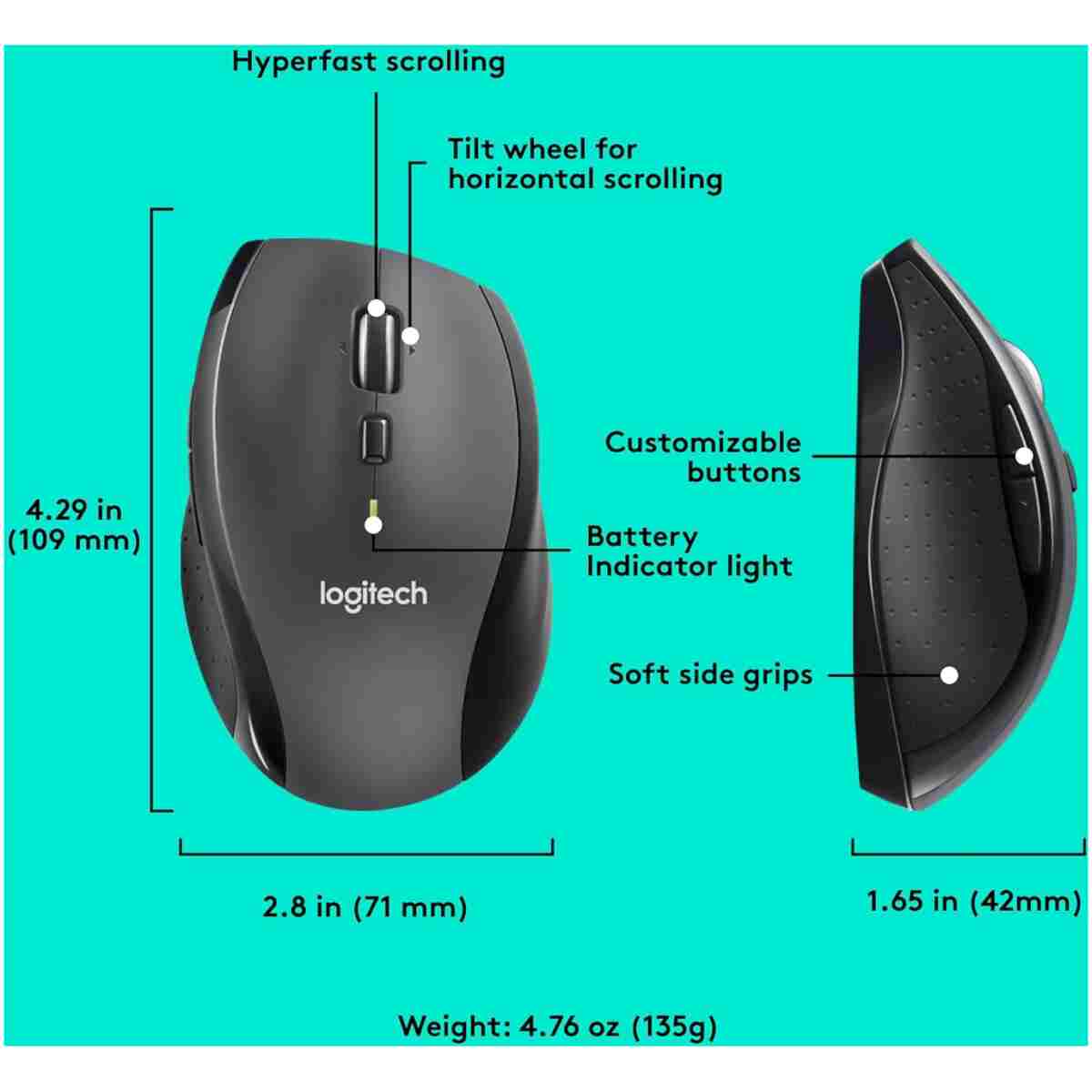 Logitech M705 Marathon Wireless Mouse, 2.4 GHz USB Unifying Receiver, 1000 DPI, 5-Programmable Buttons, 3-Year Battery, Compatible with PC, Mac, Laptop, Chromebook - Black