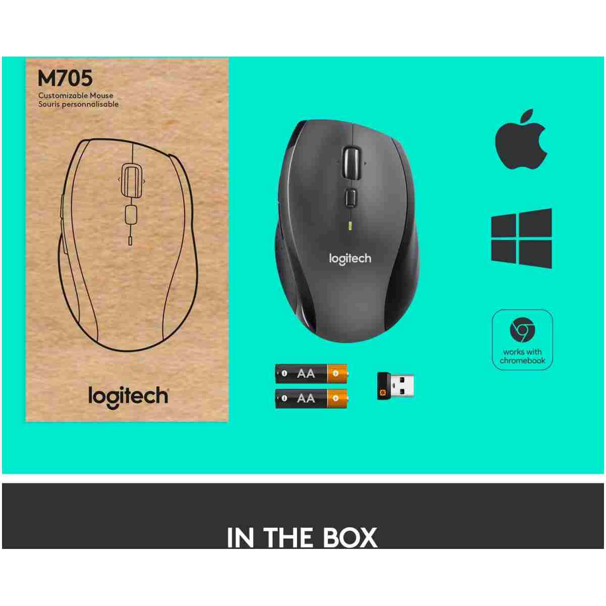 Logitech M705 Marathon Wireless Mouse, 2.4 GHz USB Unifying Receiver, 1000 DPI, 5-Programmable Buttons, 3-Year Battery, Compatible with PC, Mac, Laptop, Chromebook - Black