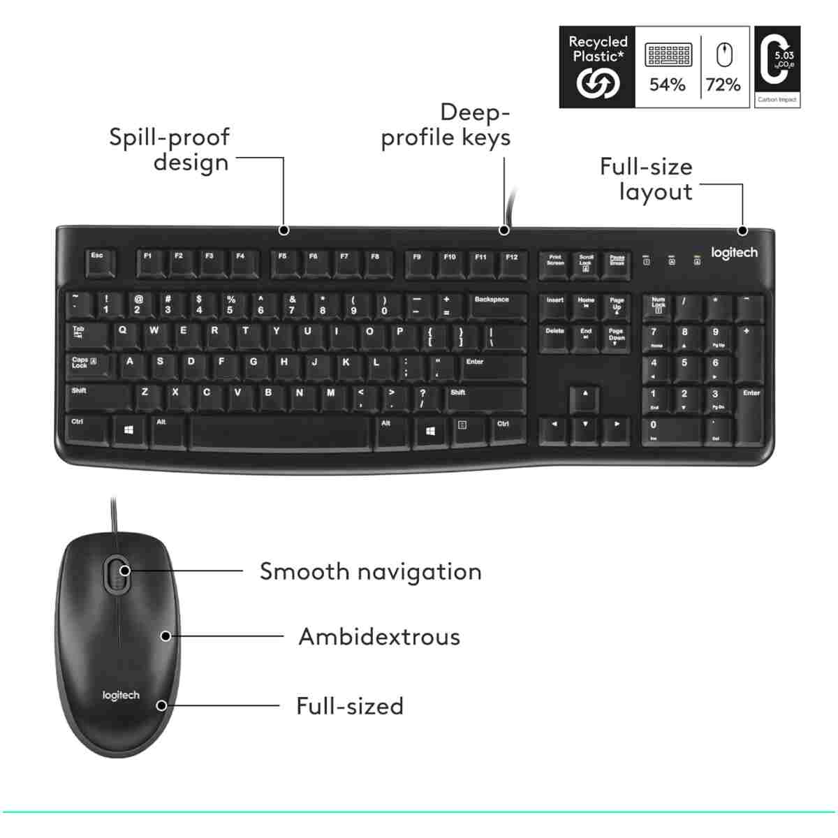 Logitech MK120 Wired Keyboard and Mouse Combo for Windows, Optical Wired Mouse, Full-Size Keyboard, USB Plug-and-Play, Compatible with PC, Laptop - Black