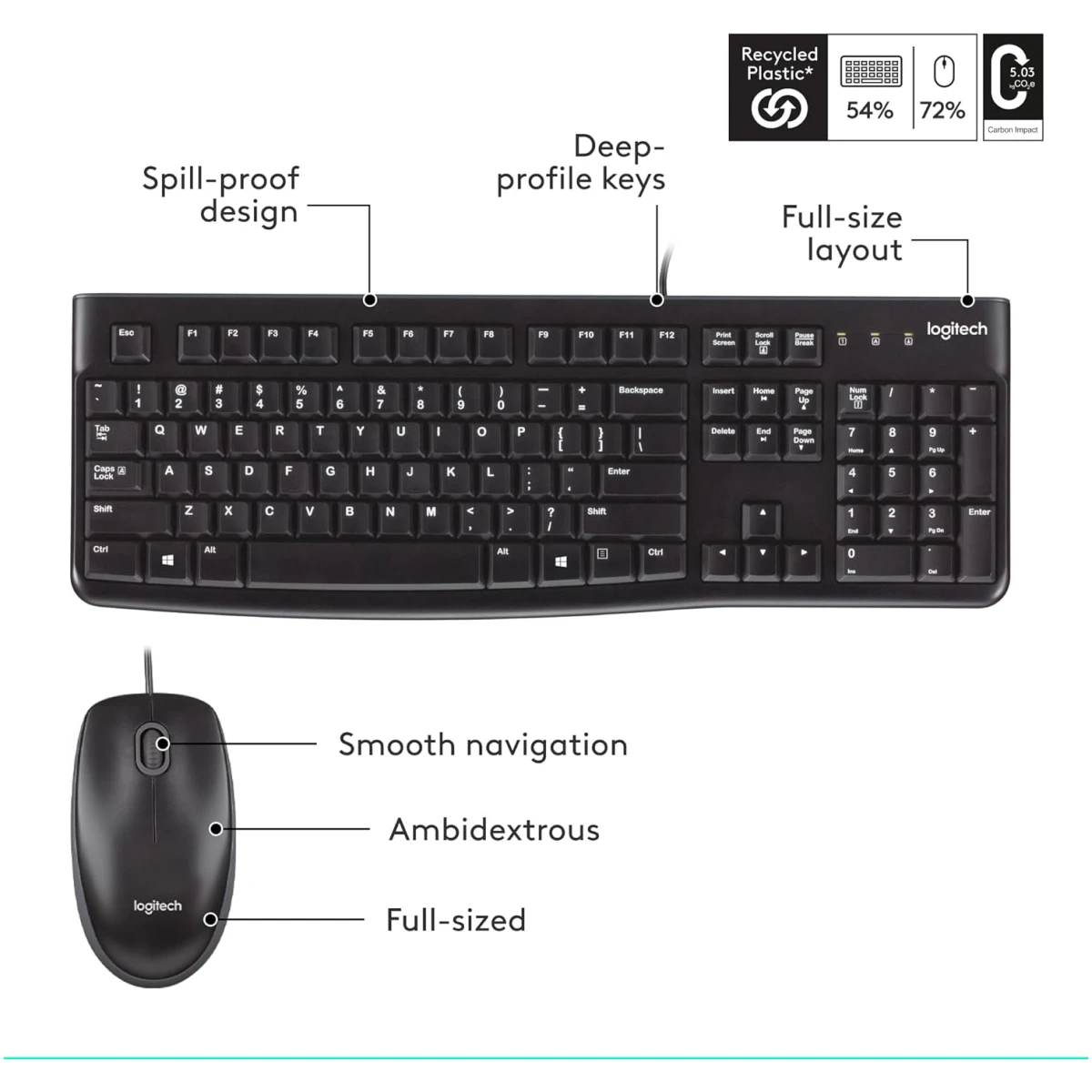 Logitech MK120 Wired Keyboard and Mouse Combo for Windows, Optical Wired Mouse, Full-Size Keyboard, USB Plug-and-Play, Compatible with PC, Laptop - Black