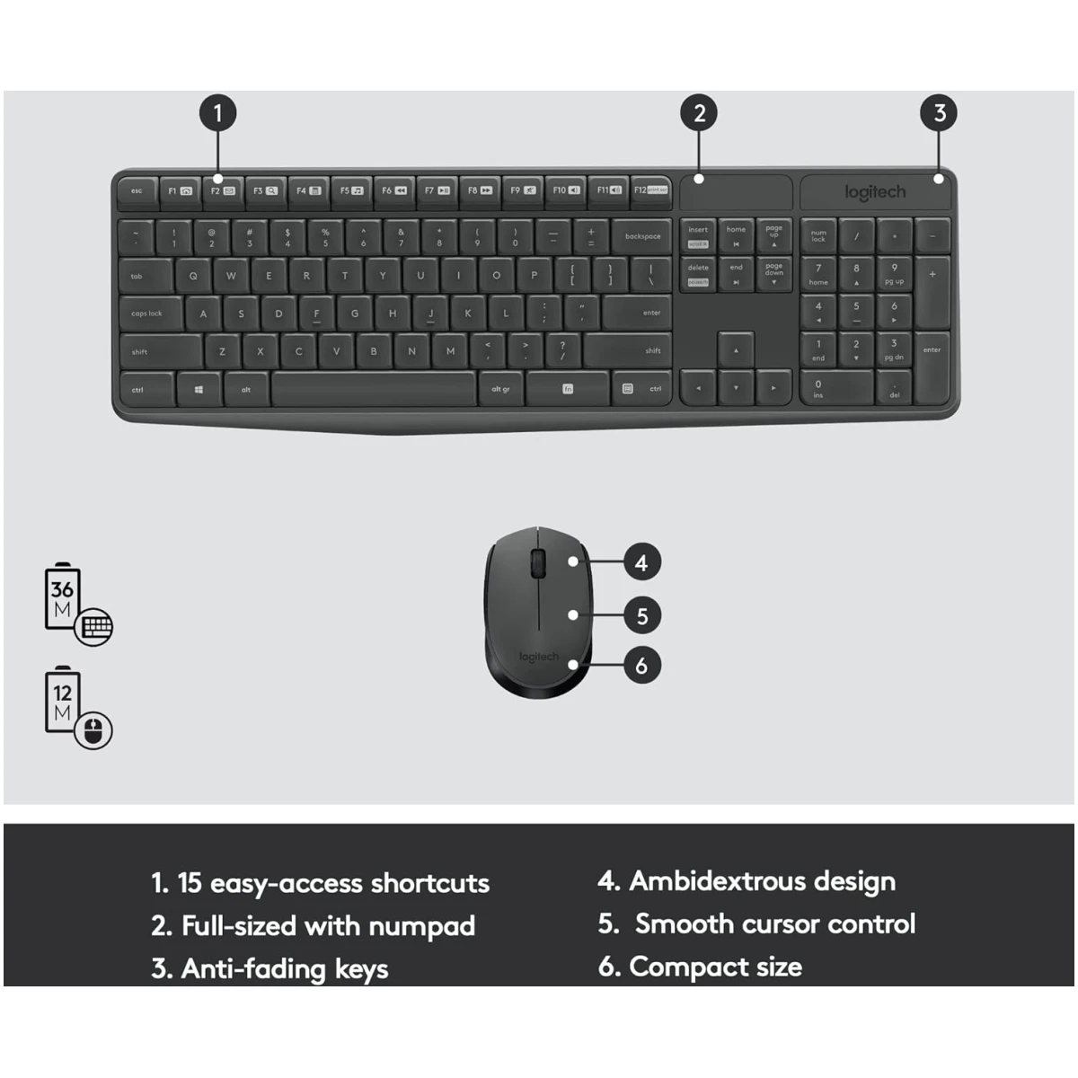 Logitech MK235 Wireless Keyboard and Mouse Combo for Windows, USB Receiver, 15 FN Keys, Long Battery Life, Compatible with PC, Laptop