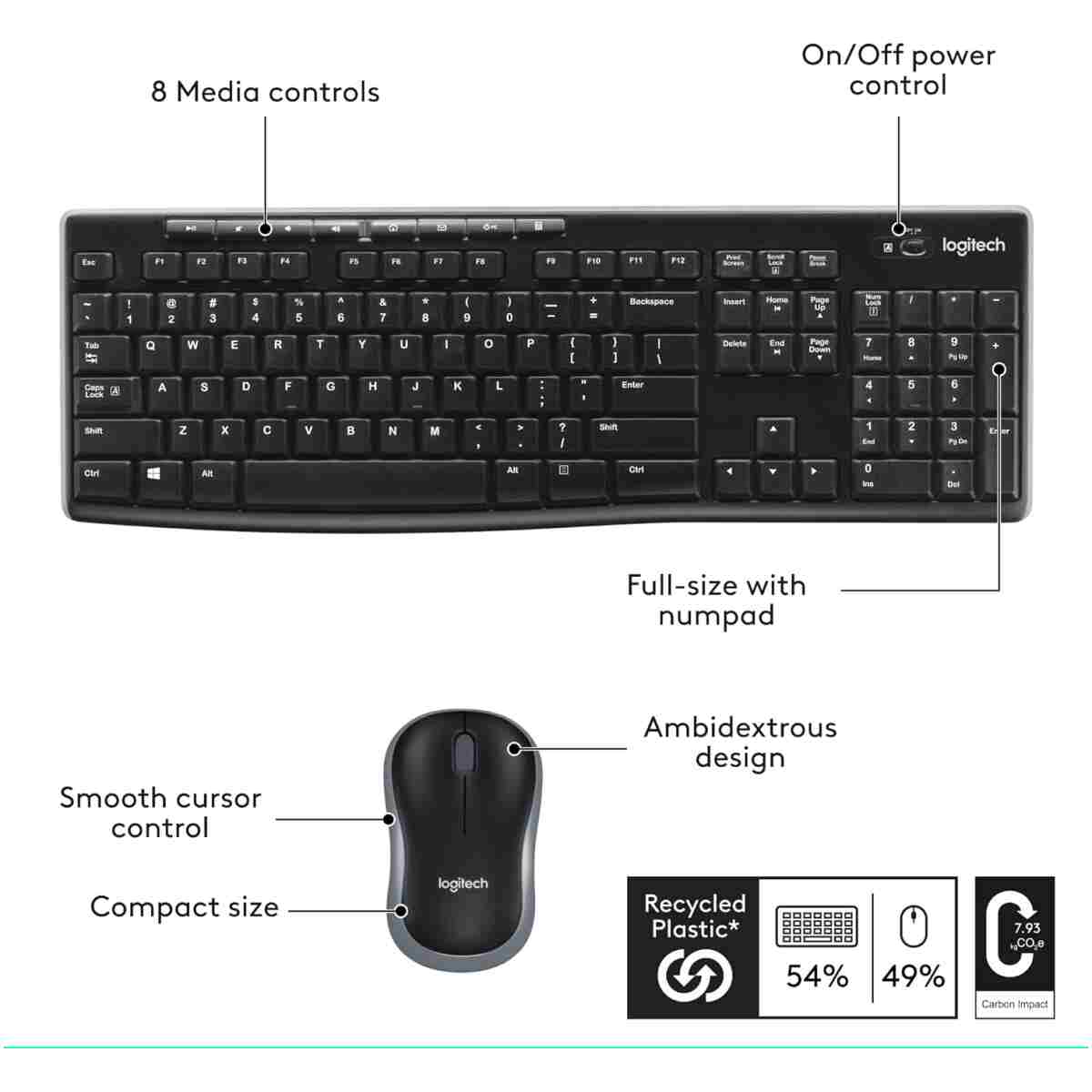 Logitech MK270 Wireless Keyboard And Mouse Combo For Windows, 2.4 GHz Wireless, Compact Mouse, 8 Multimedia And Shortcut Keys, For PC, Laptop - Black