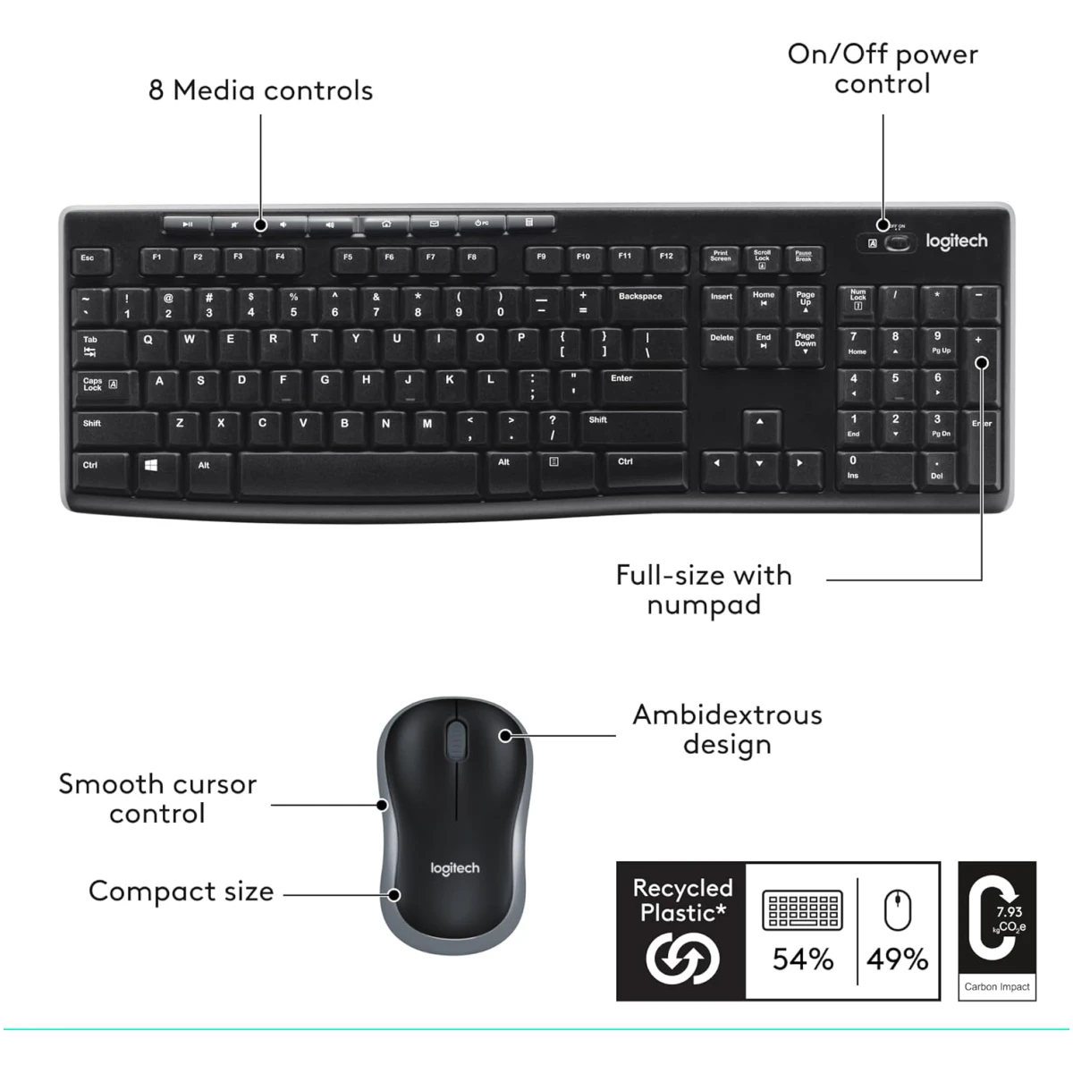 Logitech MK270 Wireless Keyboard And Mouse Combo For Windows, 2.4 GHz Wireless, Compact Mouse, 8 Multimedia And Shortcut Keys, For PC, Laptop - Black