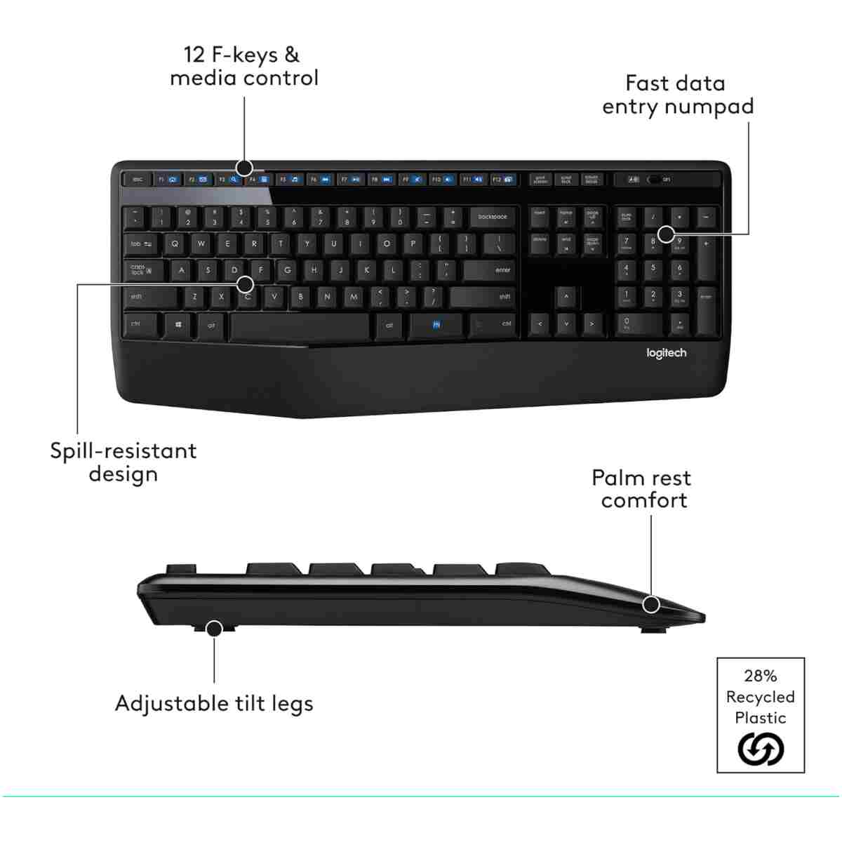 Logitech MK345 Wireless Combo Full-Sized Keyboard with Palm Rest and Comfortable Right-Handed Mouse, 2.4 GHz Wireless USB Receiver, Compatible with PC, Laptop,Black