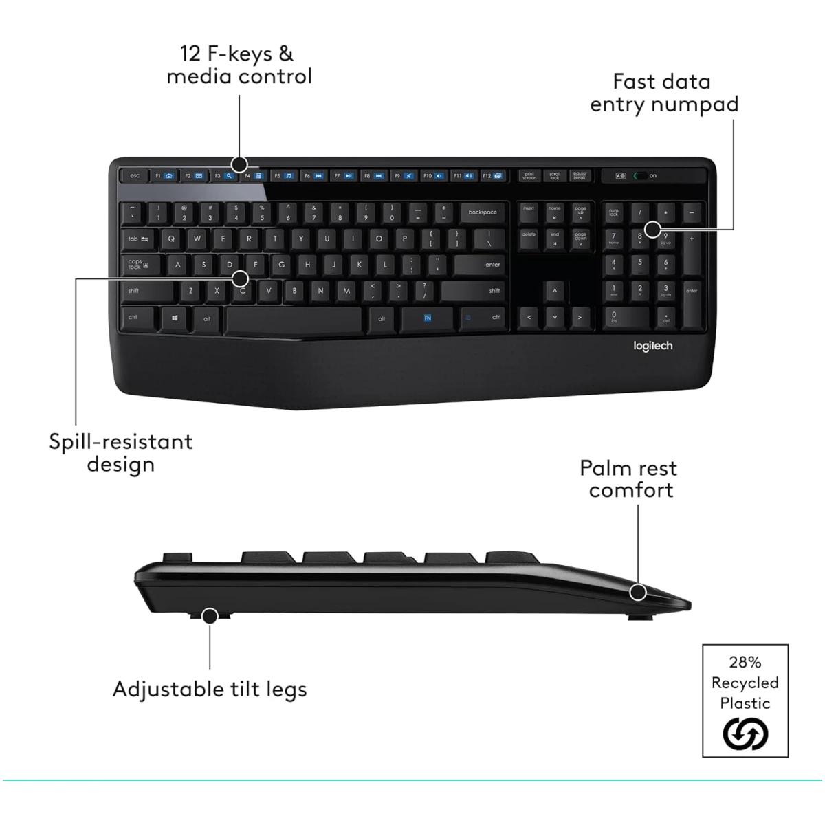 Logitech MK345 Wireless Combo Full-Sized Keyboard with Palm Rest and Comfortable Right-Handed Mouse, 2.4 GHz Wireless USB Receiver, Compatible with PC, Laptop,Black