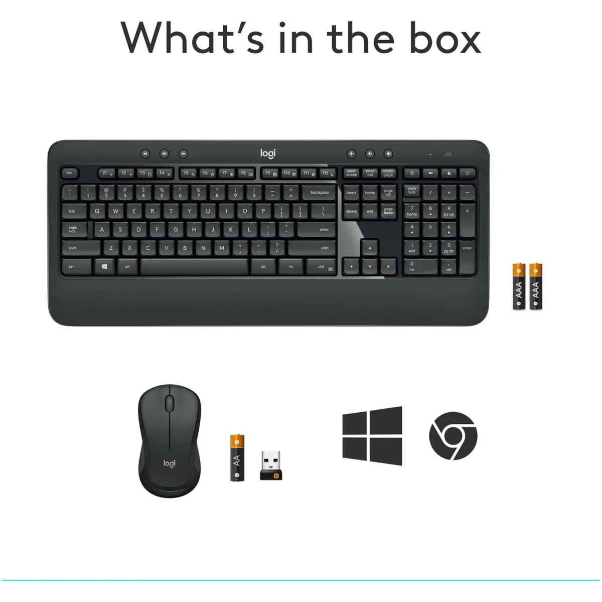 Logitech MK540 Advanced Wireless Keyboard and Mouse Combo for Windows, 2.4 GHz Unifying USB-Receiver, Multimedia Hotkeys, 3-Year Battery Life, for PC, Laptop