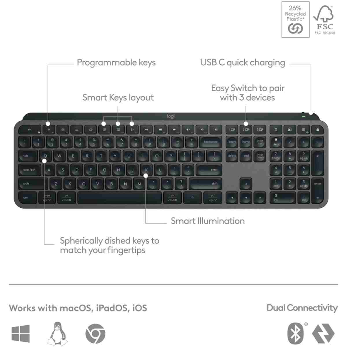 Logitech MX Keys S Wireless Keyboard, Low Profile, Fluid Precise Quiet Typing, Programmable Keys, Backlighting, Bluetooth, USB C Rechargeable, for Windows PC, Linux, Chrome, Mac...