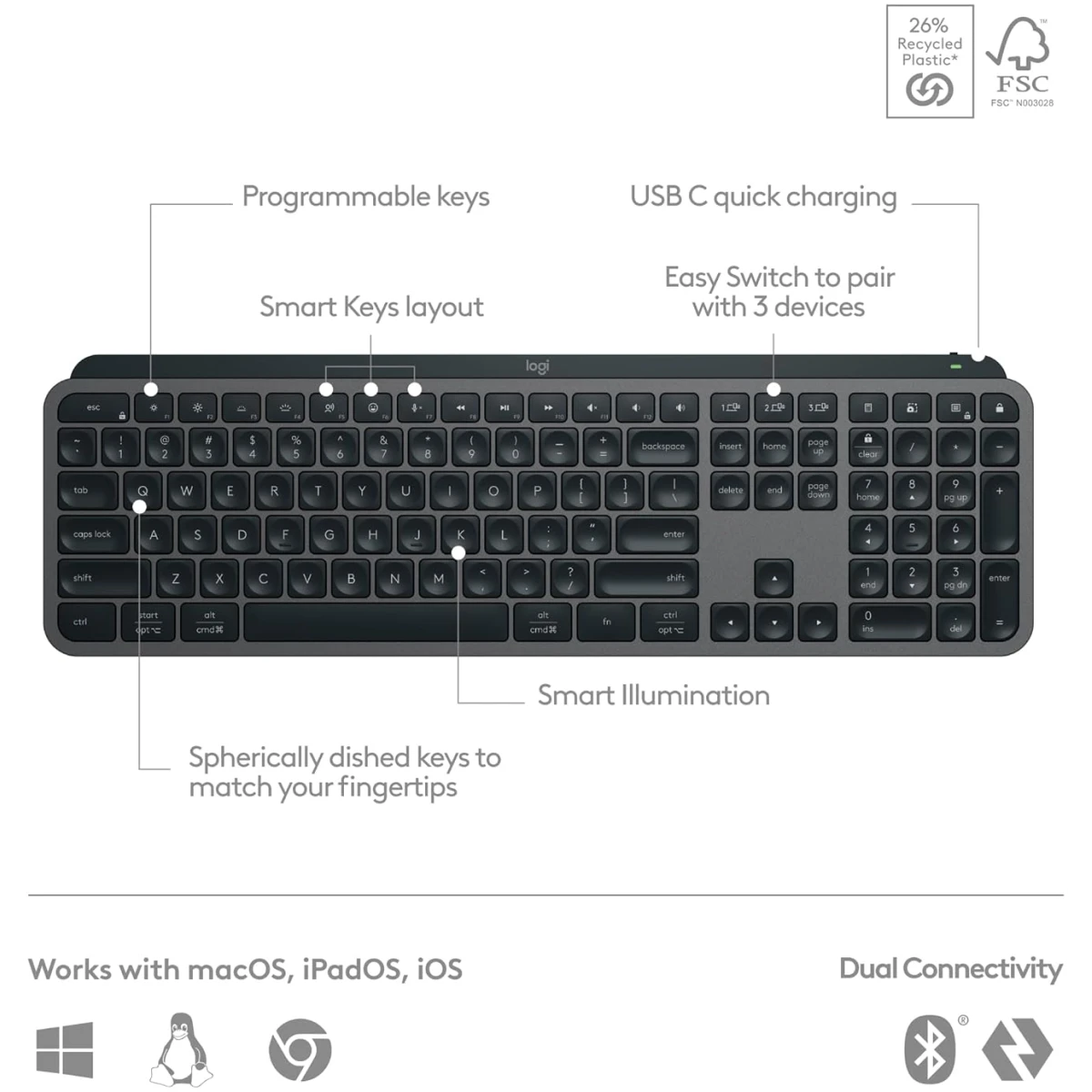 Logitech MX Keys S Wireless Keyboard, Low Profile, Fluid Precise Quiet Typing, Programmable Keys, Backlighting, Bluetooth, USB C Rechargeable, for Windows PC, Linux, Chrome, Mac...