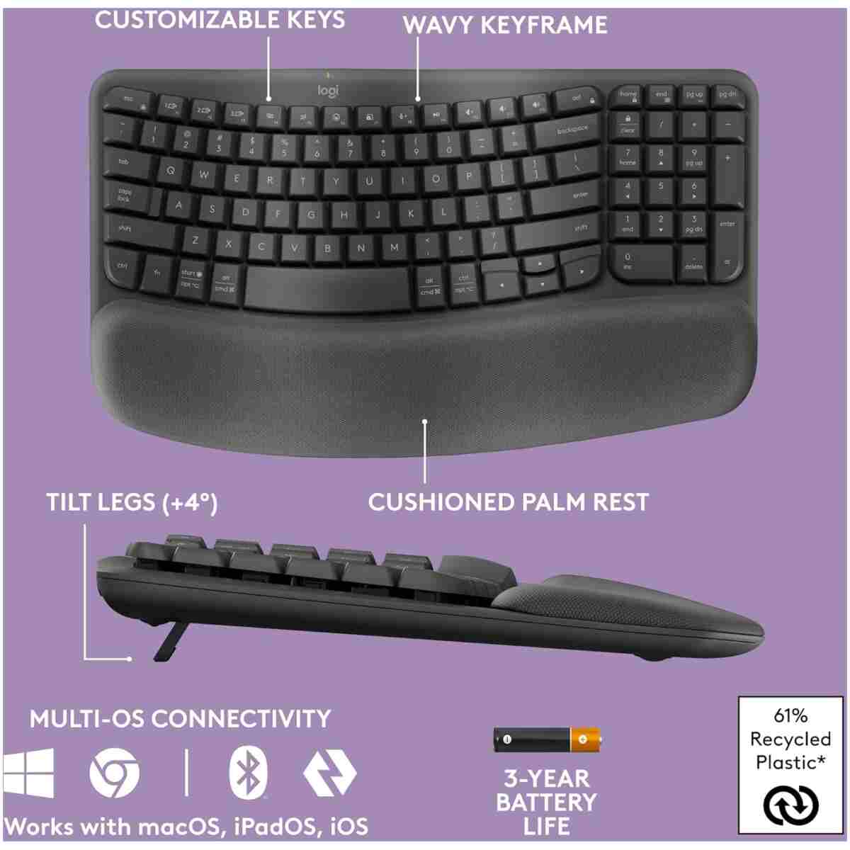 Logitech Wave Keys Wireless Ergonomic Keyboard with Cushioned Palm Rest, Comfortable Natural Typing, Easy-Switch, Bluetooth, Logi Bolt Receiver, for Multi-OS, Windows/Mac -...