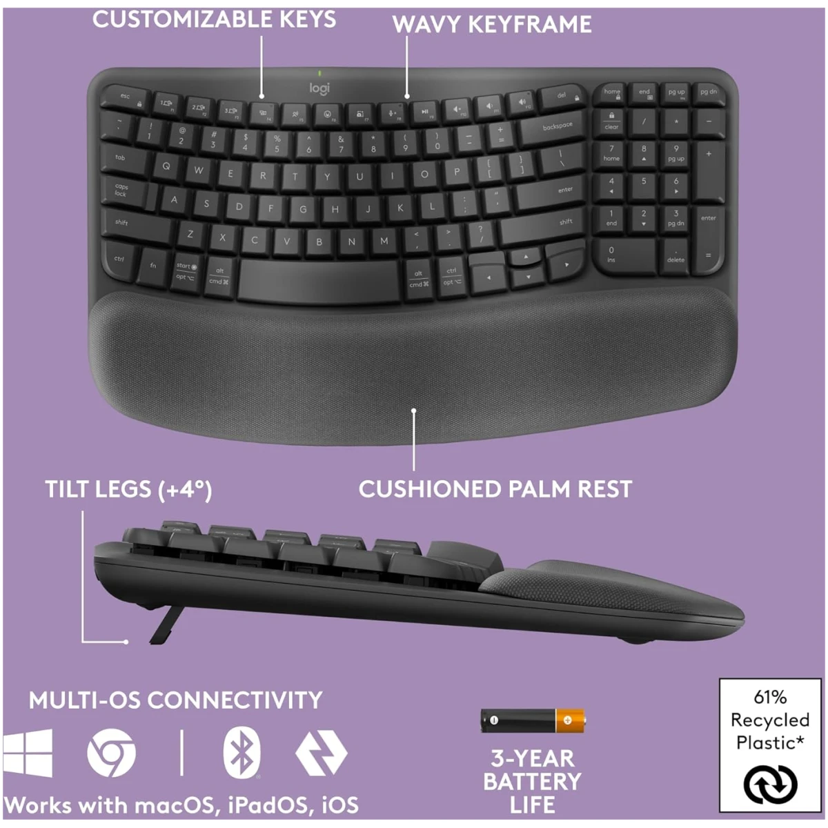 Logitech Wave Keys Wireless Ergonomic Keyboard with Cushioned Palm Rest, Comfortable Natural Typing, Easy-Switch, Bluetooth, Logi Bolt Receiver, for Multi-OS, Windows/Mac -...