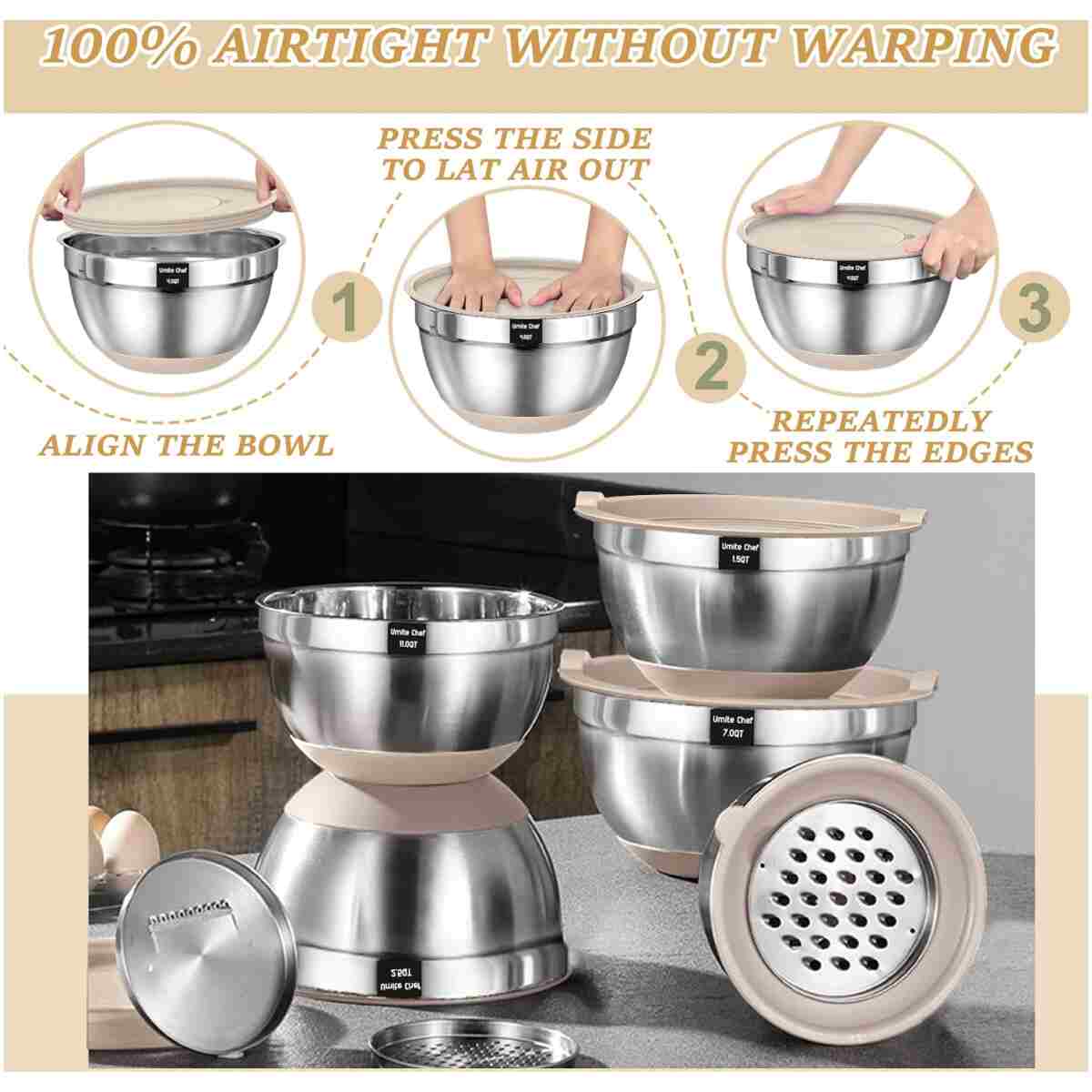 Mixing Bowls with Airtight Lids Set, 26PCS Stainless Steel Khaki Bowls with Grater Attachments, Non-Slip Bottoms & Kitchen Gadgets Set, Size 7, 4, 2.5, 2.0,1.5, 1QT, Great for...