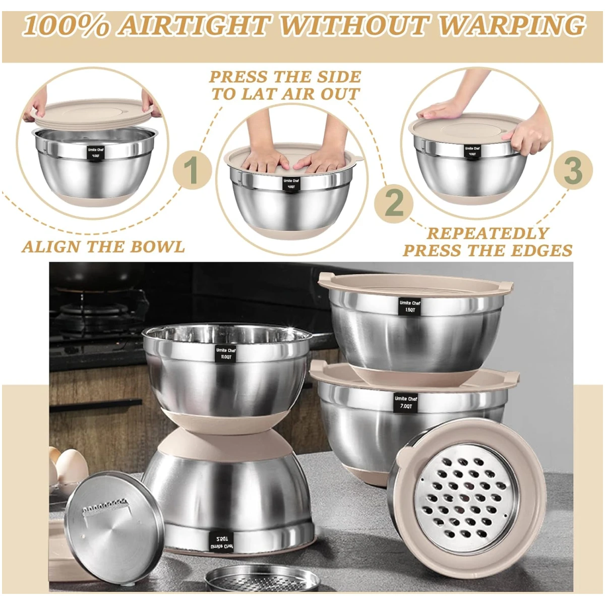 Mixing Bowls with Airtight Lids Set, 26PCS Stainless Steel Khaki Bowls with Grater Attachments, Non-Slip Bottoms & Kitchen Gadgets Set, Size 7, 4, 2.5, 2.0,1.5, 1QT, Great for...