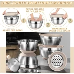 Mixing Bowls with Airtight Lids Set, 26PCS Stainless Steel Khaki Bowls with Grater Attachments, Non-Slip Bottoms & Kitchen Gadgets Set, Size 7, 4, 2.5, 2.0,1.5, 1QT, Great for...