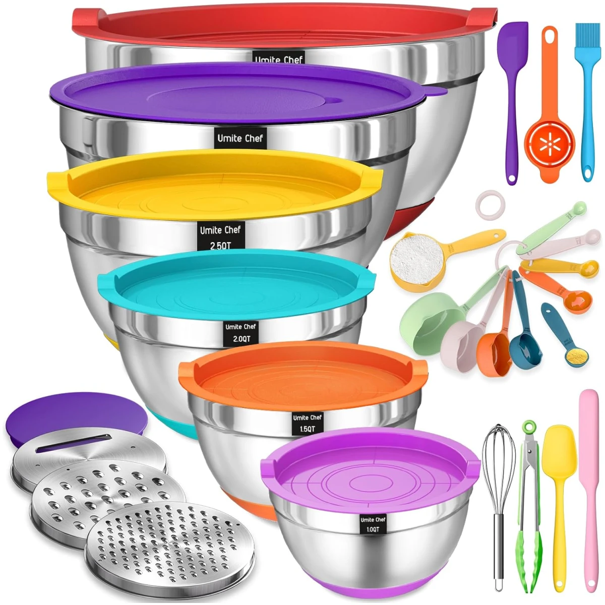 Mixing Bowls with Airtight Lids Set, 26PCS Stainless Steel Khaki Bowls with Grater Attachments, Non-Slip Bottoms & Kitchen Gadgets Set, Size 7, 4, 2.5, 2.0,1.5, 1QT, Great for...