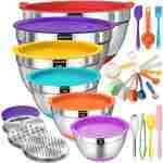 Mixing Bowls with Airtight Lids Set, 26PCS Stainless Steel Khaki Bowls with Grater Attachments, Non-Slip Bottoms & Kitchen Gadgets Set, Size 7, 4, 2.5, 2.0,1.5, 1QT, Great for...