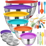 Mixing Bowls with Airtight Lids Set, 26PCS Stainless Steel Khaki Bowls with Grater Attachments, Non-Slip Bottoms & Kitchen Gadgets Set, Size 7, 4, 2.5, 2.0,1.5, 1QT, Great for...