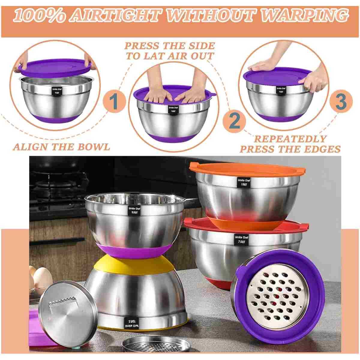 Mixing Bowls with Airtight Lids Set, 26PCS Stainless Steel Khaki Bowls with Grater Attachments, Non-Slip Bottoms & Kitchen Gadgets Set, Size 7, 4, 2.5, 2.0,1.5, 1QT, Great for...