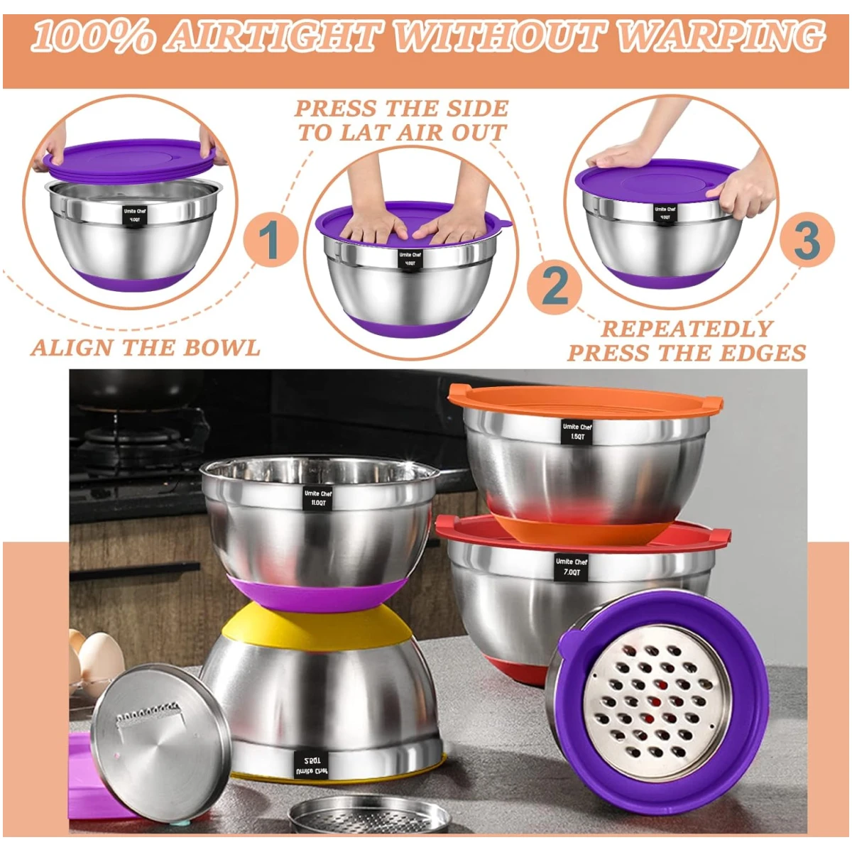 Mixing Bowls with Airtight Lids Set, 26PCS Stainless Steel Khaki Bowls with Grater Attachments, Non-Slip Bottoms & Kitchen Gadgets Set, Size 7, 4, 2.5, 2.0,1.5, 1QT, Great for...