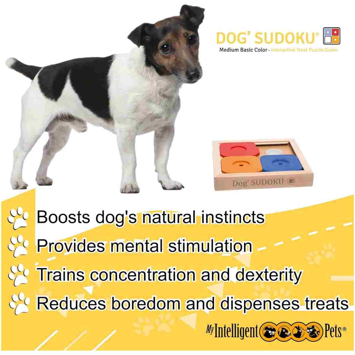 My Intelligent Pets Sudoku Puzzle for Small Dogs and Cats – Basic Brain Pet Toy with 4 Treat-Hiding Holes – Medium Size, Wood and Plastic