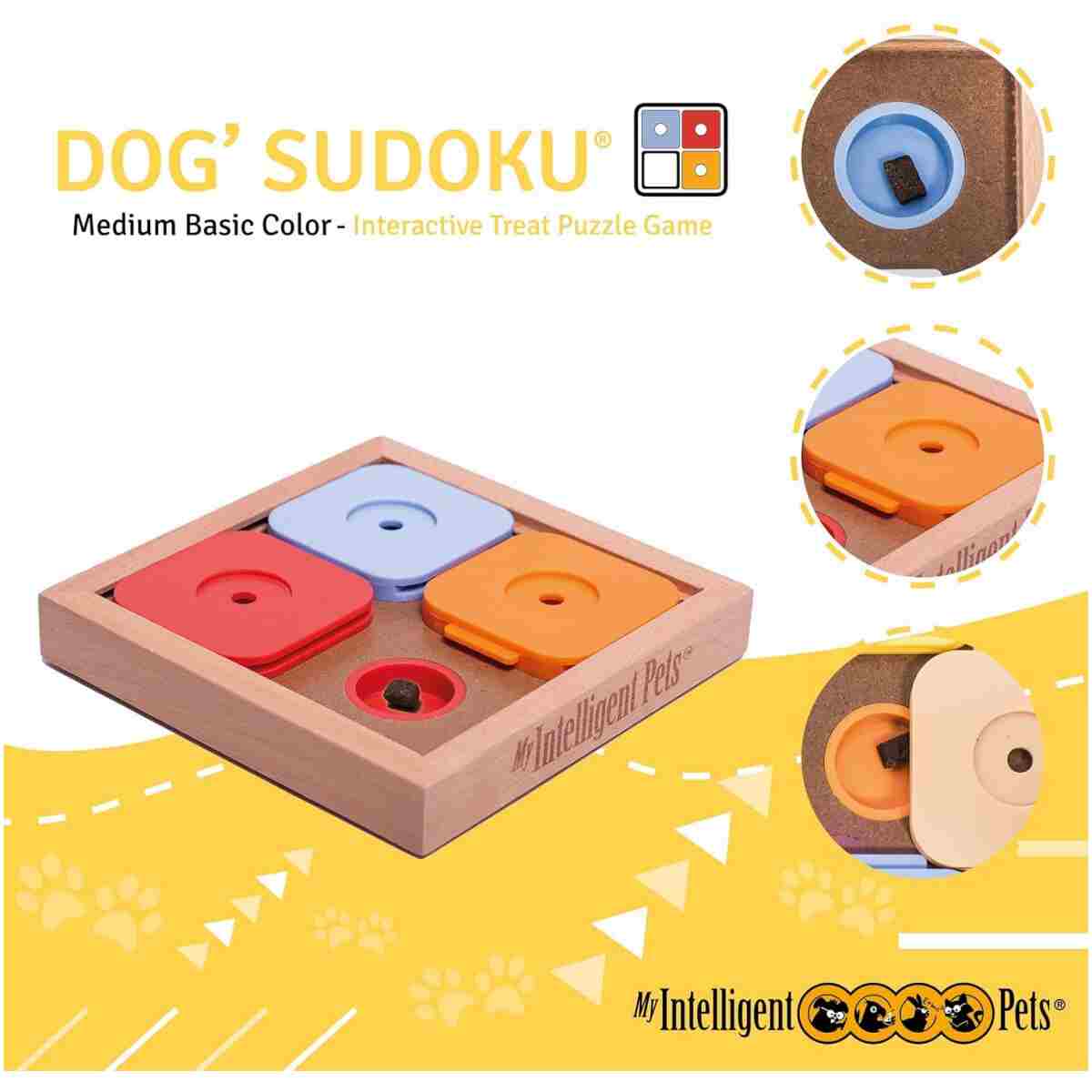 My Intelligent Pets Sudoku Puzzle for Small Dogs and Cats – Basic Brain Pet Toy with 4 Treat-Hiding Holes – Medium Size, Wood and Plastic