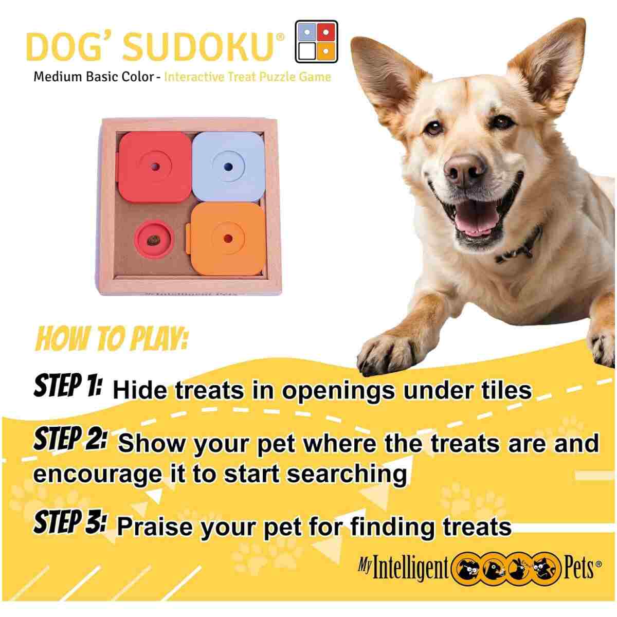 My Intelligent Pets Sudoku Puzzle for Small Dogs and Cats – Basic Brain Pet Toy with 4 Treat-Hiding Holes – Medium Size, Wood and Plastic