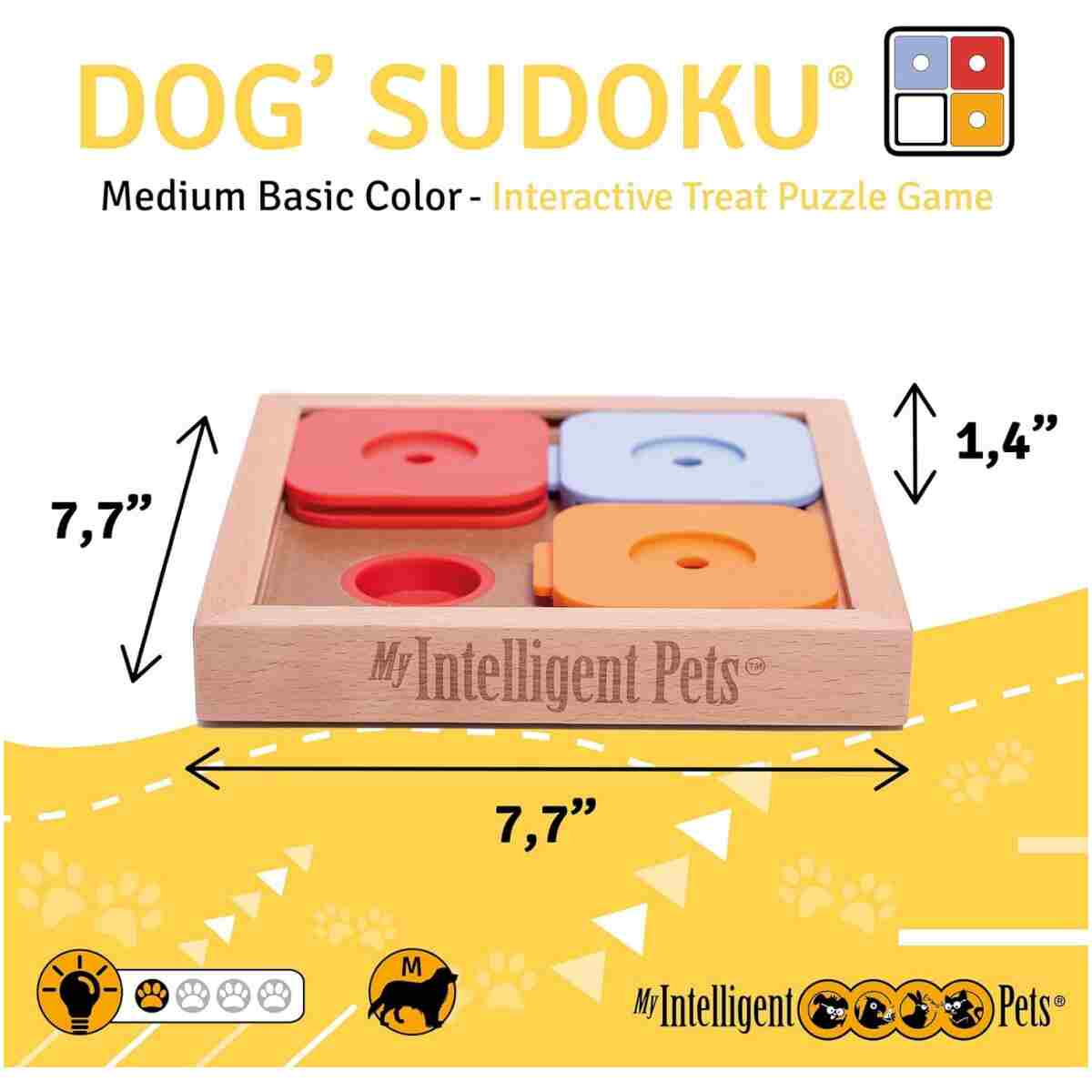 My Intelligent Pets Sudoku Puzzle for Small Dogs and Cats – Basic Brain Pet Toy with 4 Treat-Hiding Holes – Medium Size, Wood and Plastic