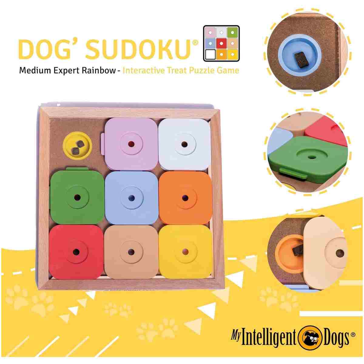 My Intelligent Pets Sudoku Puzzle for Small Dogs and Cats – Basic Brain Pet Toy with 4 Treat-Hiding Holes – Medium Size, Wood and Plastic