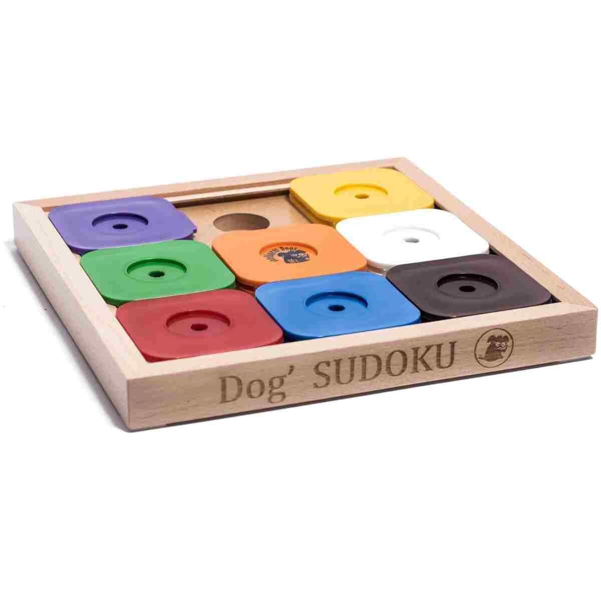 My Intelligent Pets Sudoku Puzzle for Small Dogs and Cats – Basic Brain Pet Toy with 4 Treat-Hiding Holes – Medium Size, Wood and Plastic