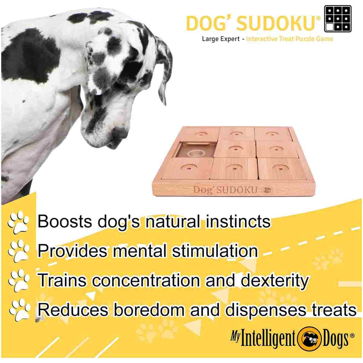 My Intelligent Pets Wooden Sudoku Puzzle for Medium to Large Dogs – Expert Brain Pet Toy with 9 Treat-Hiding Holes – Large Size, Wood