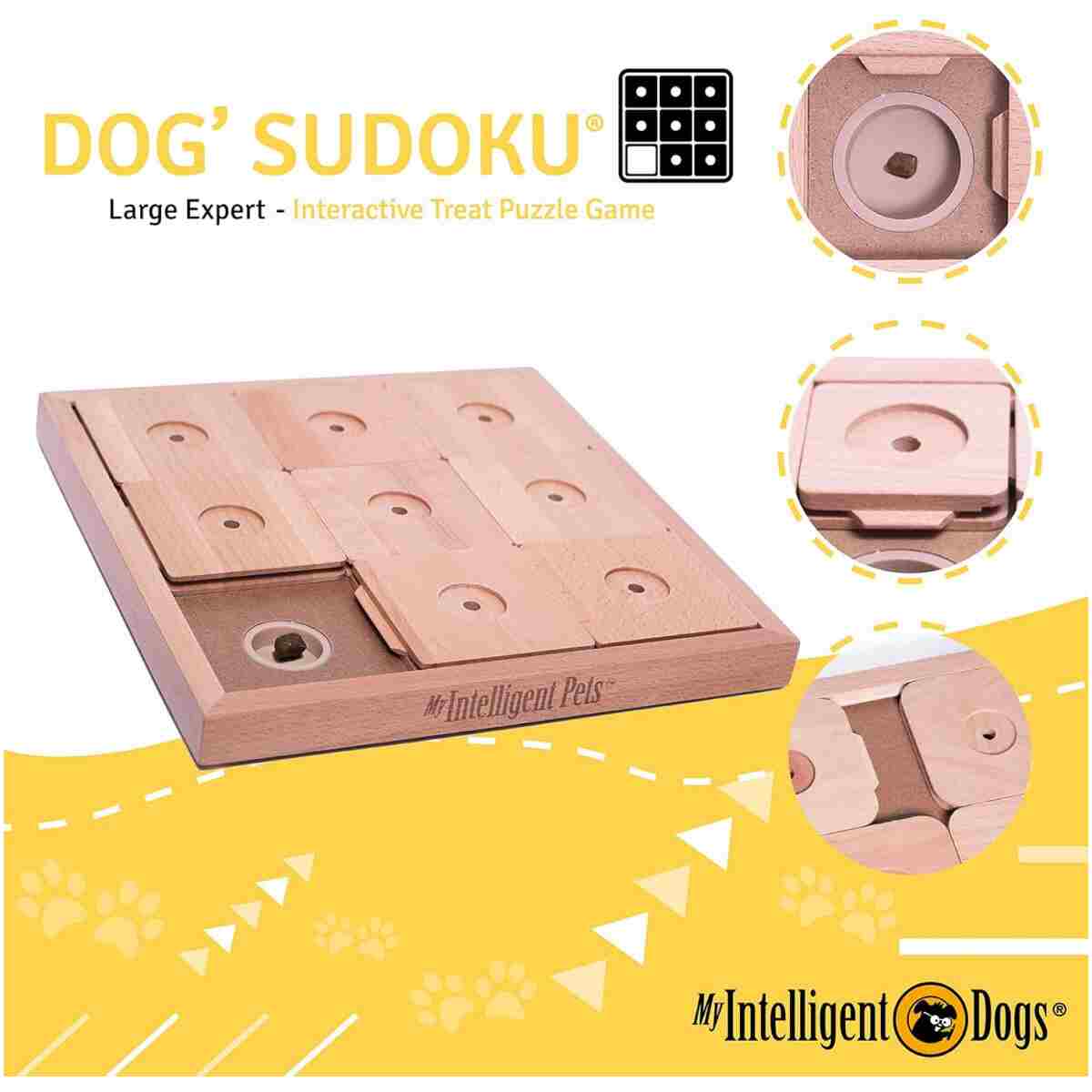 My Intelligent Pets Wooden Sudoku Puzzle for Medium to Large Dogs – Expert Brain Pet Toy with 9 Treat-Hiding Holes – Large Size, Wood