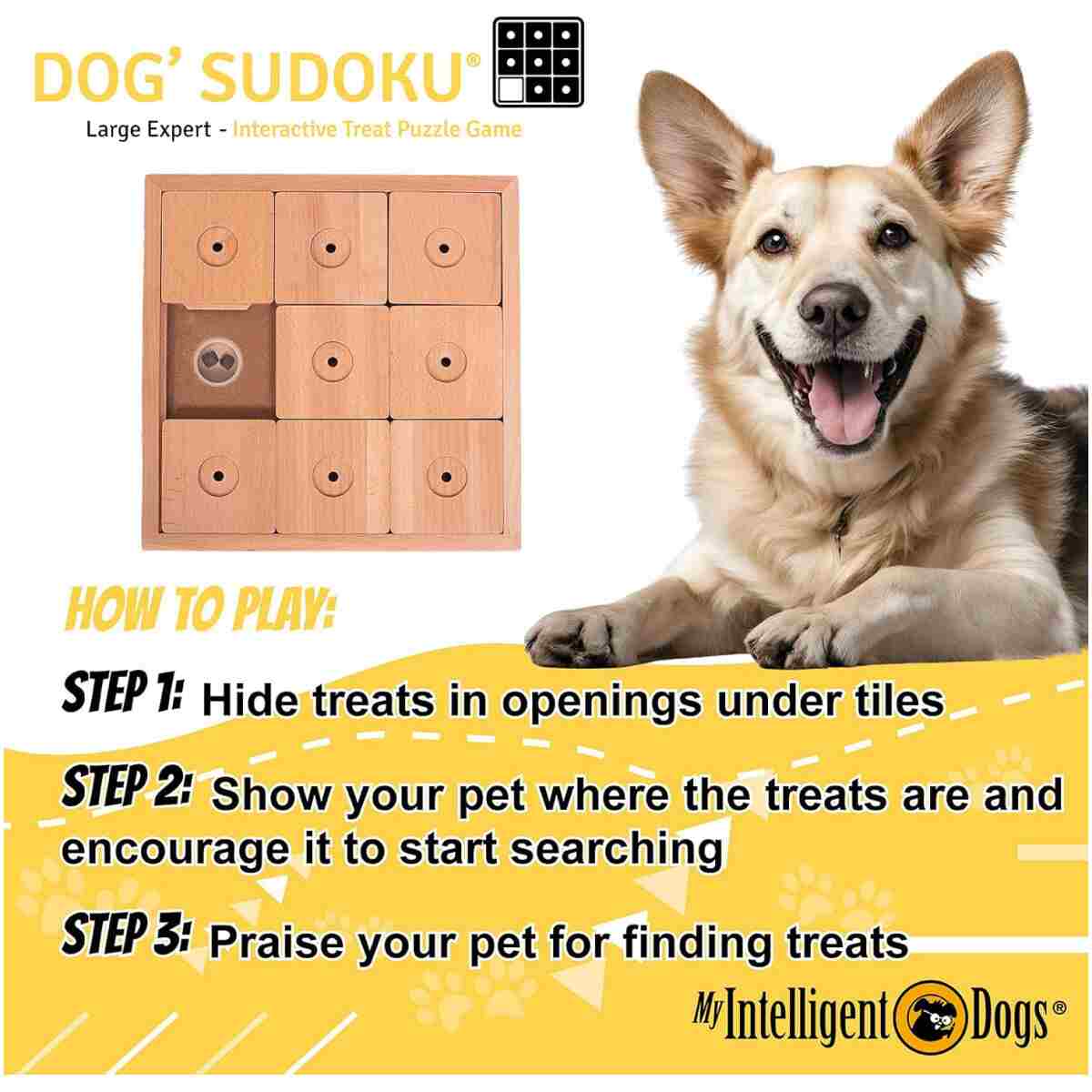 My Intelligent Pets Wooden Sudoku Puzzle for Medium to Large Dogs – Expert Brain Pet Toy with 9 Treat-Hiding Holes – Large Size, Wood